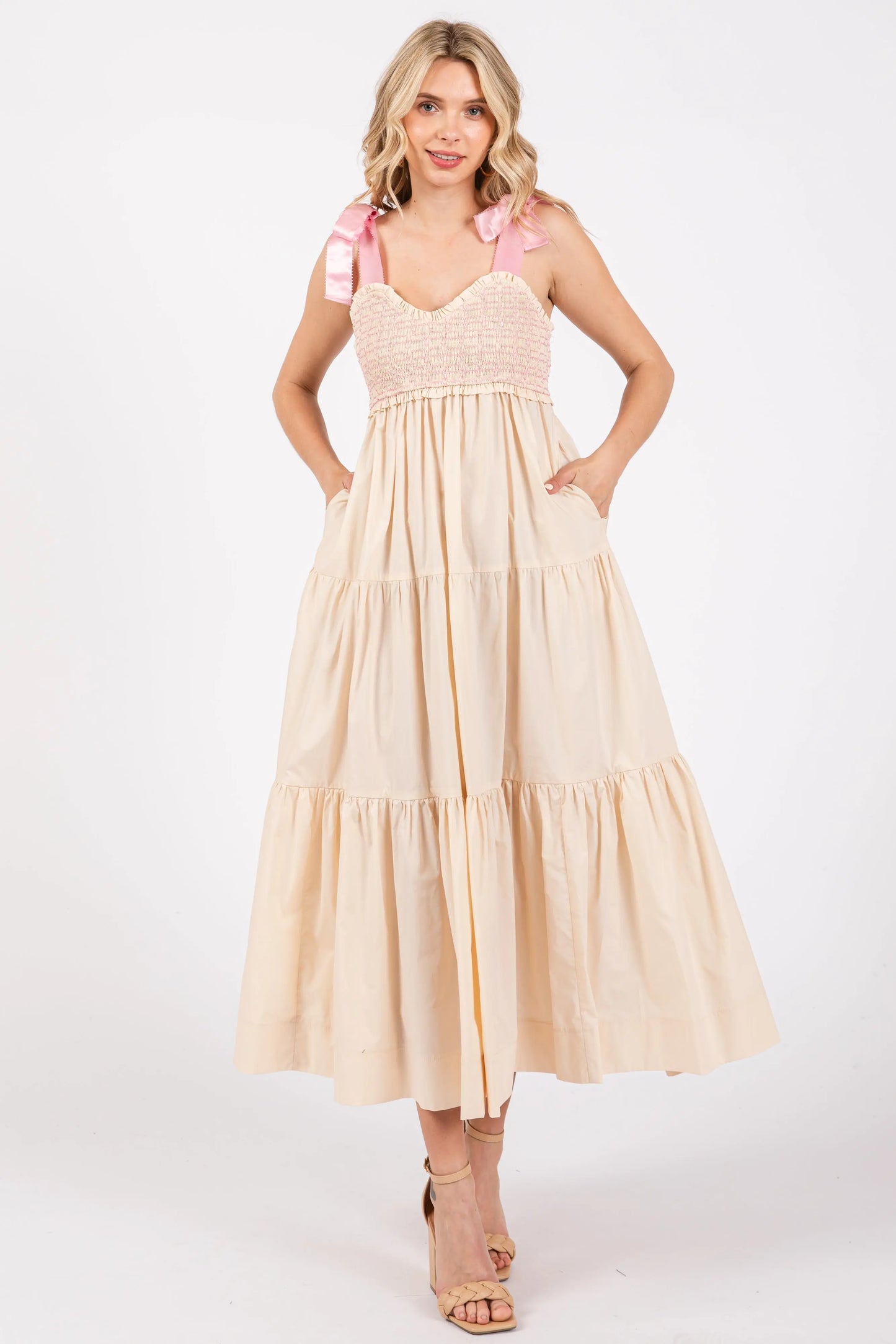Cream Ribbon Strap Tiered Maternity Maxi Dress PinkBlush
