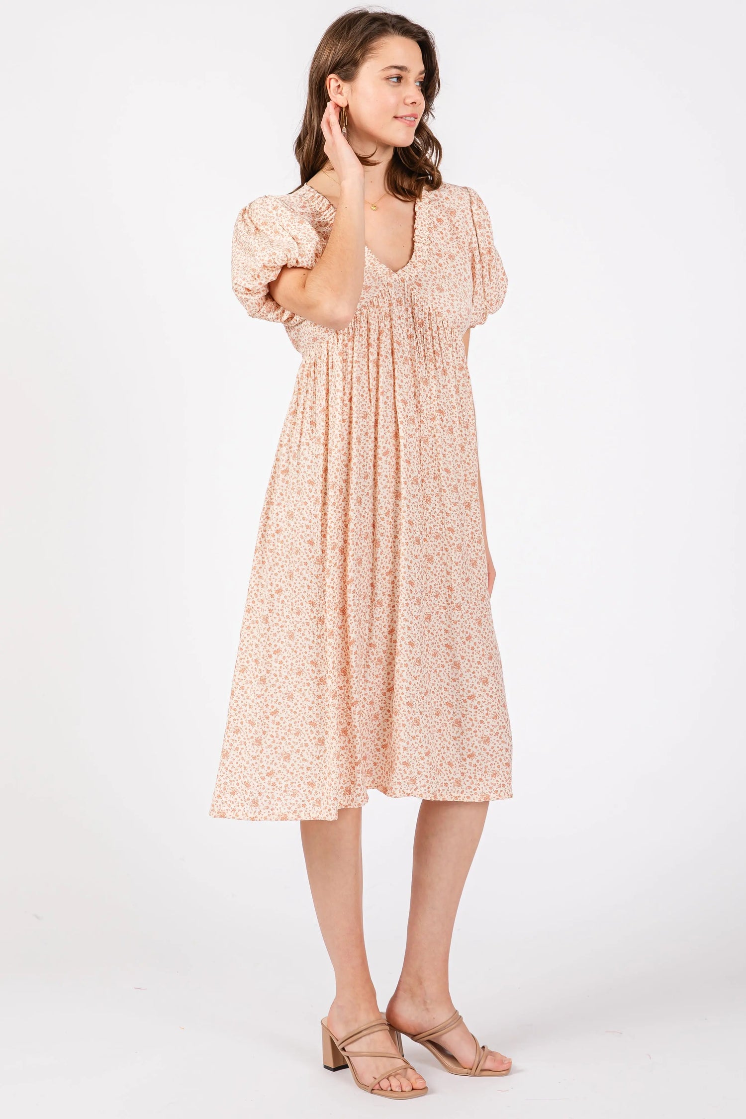 PinkBlush Peach Floral Midi Dress with Puff Sleeves for Stylish Women - Apparel & Accessories > Clothing > Dresses