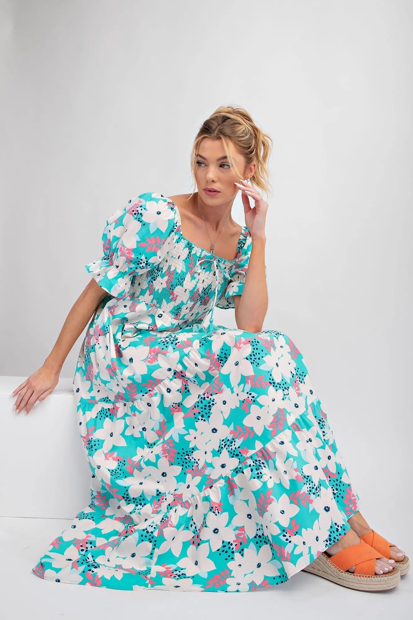 Aqua Floral Puff Sleeve Maternity Maxi Dress with Smocked Bodice and Tiered Skirt PinkBlush