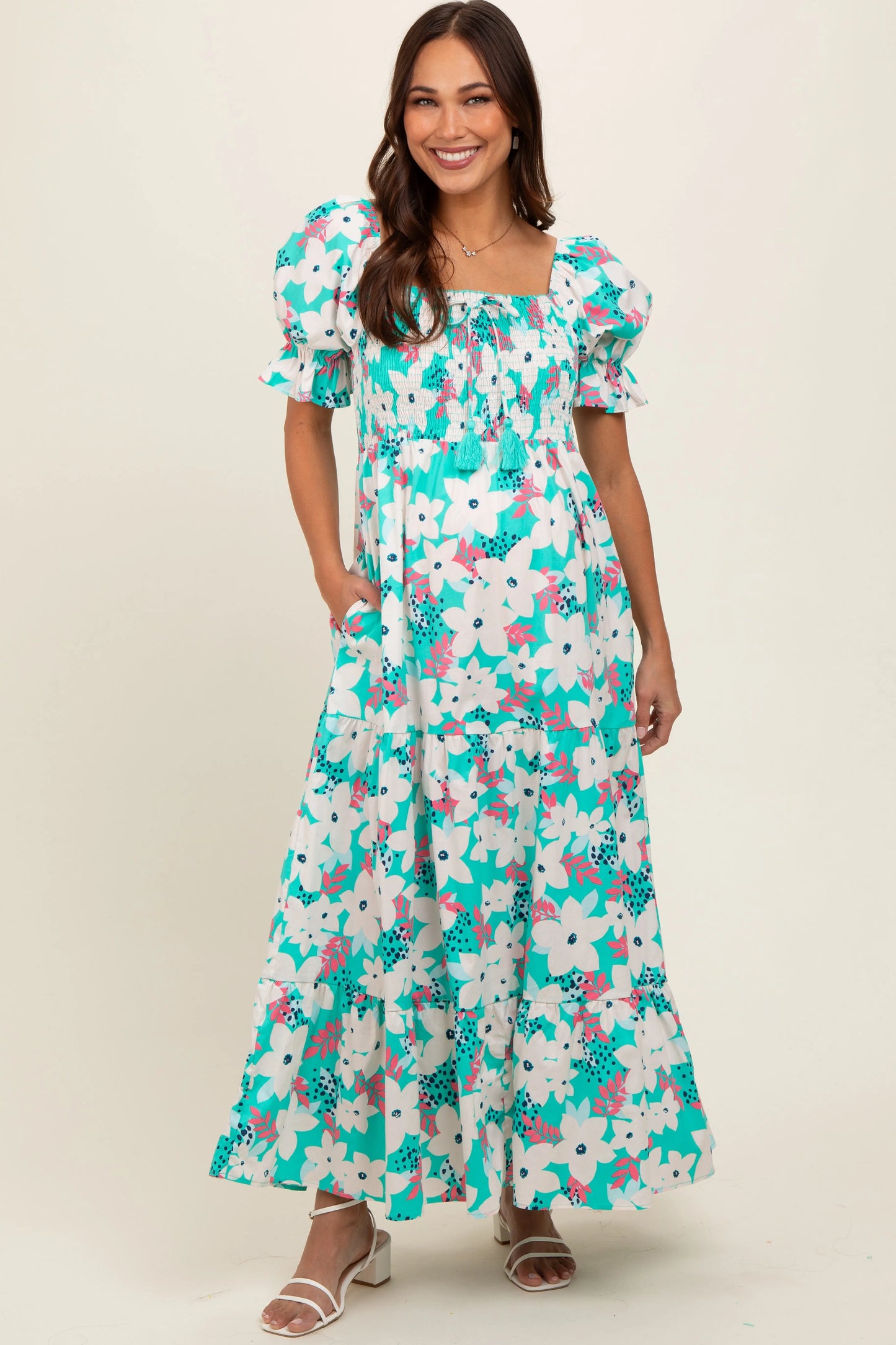 Aqua Floral Puff Sleeve Maternity Maxi Dress with Smocked Bodice and Tiered Skirt PinkBlush