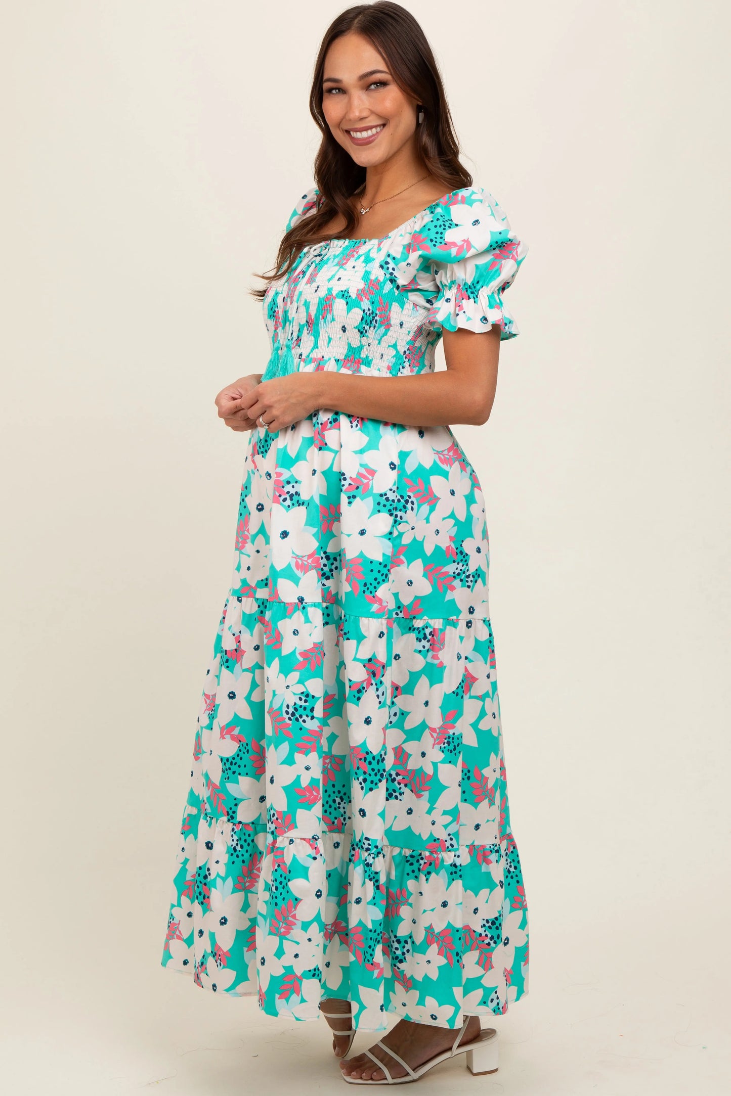 Aqua Floral Puff Sleeve Maternity Maxi Dress with Smocked Bodice and Tiered Skirt PinkBlush