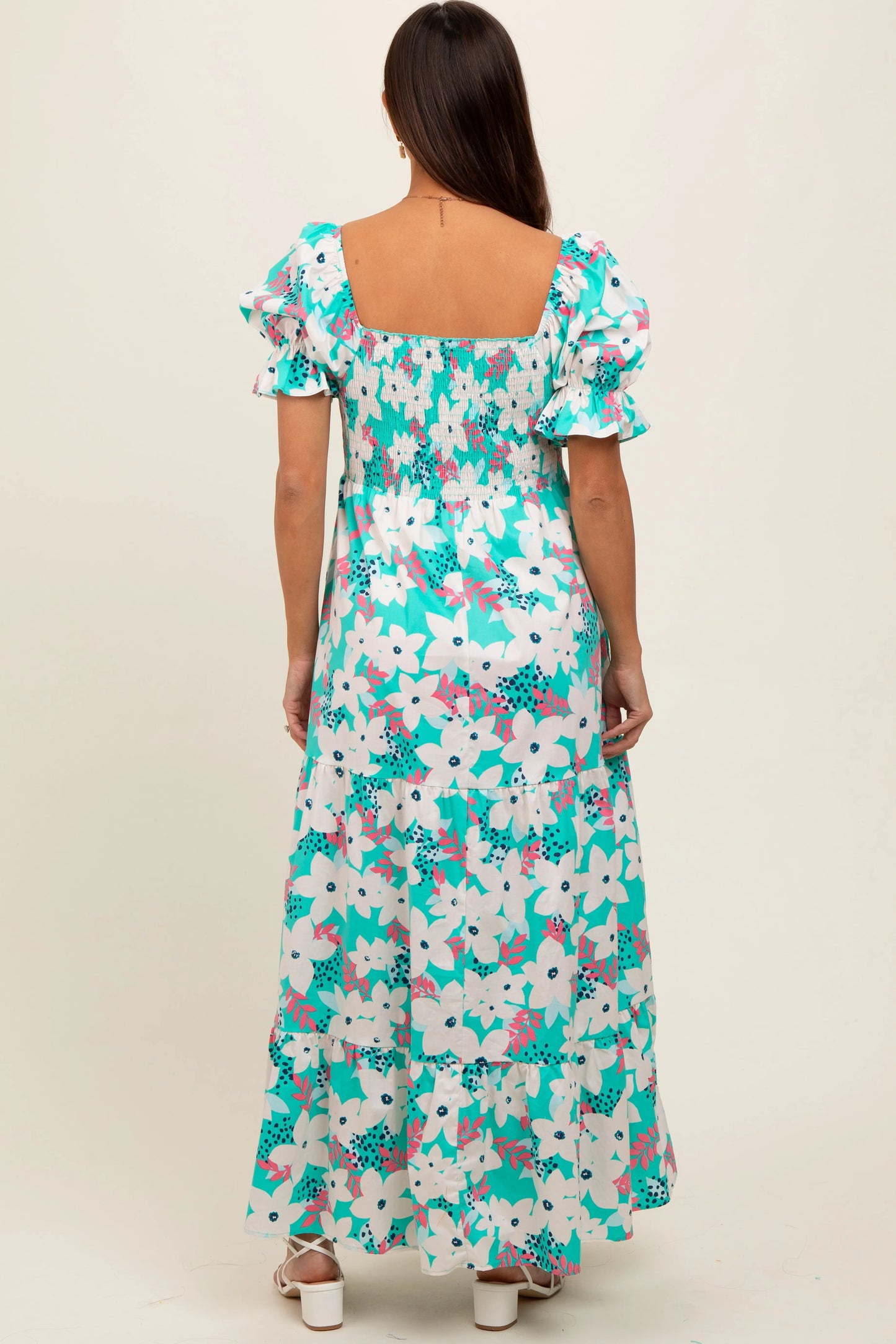 Aqua Floral Puff Sleeve Maternity Maxi Dress with Smocked Bodice and Tiered Skirt PinkBlush