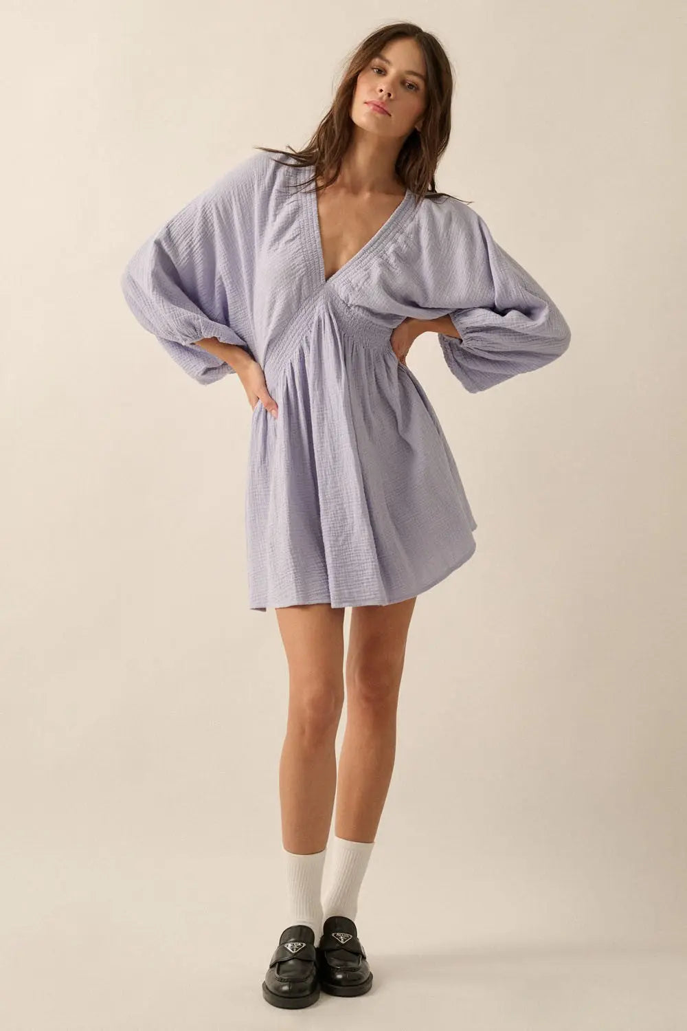 PinkBlush Vibrant Violet Blue Crinkle Cotton Mini Dress with Dolman Sleeves for Casual Wear - Apparel & Accessories > Clothing > Dresses