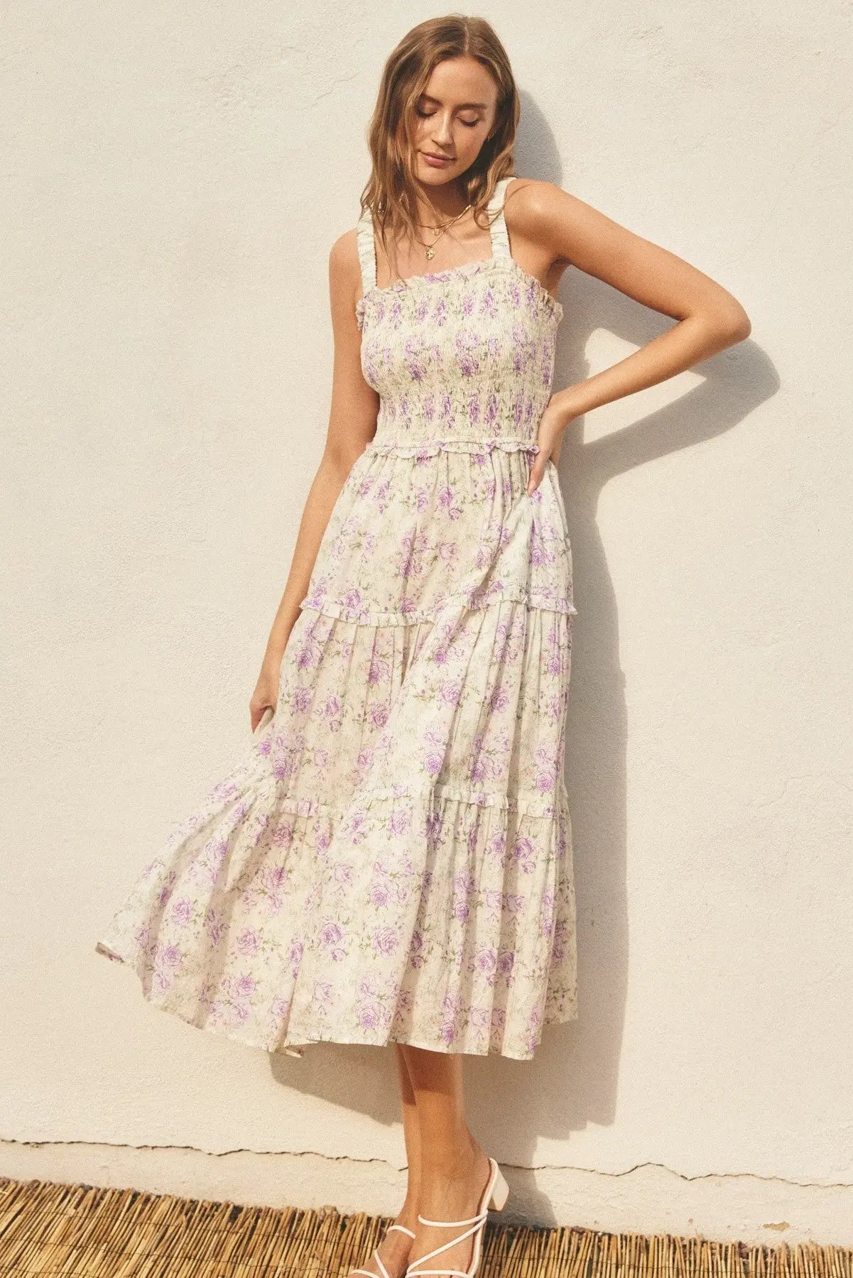 Lavender Floral Smocked Square Neck Ruffle Tiered Maternity Midi Dress PinkBlush