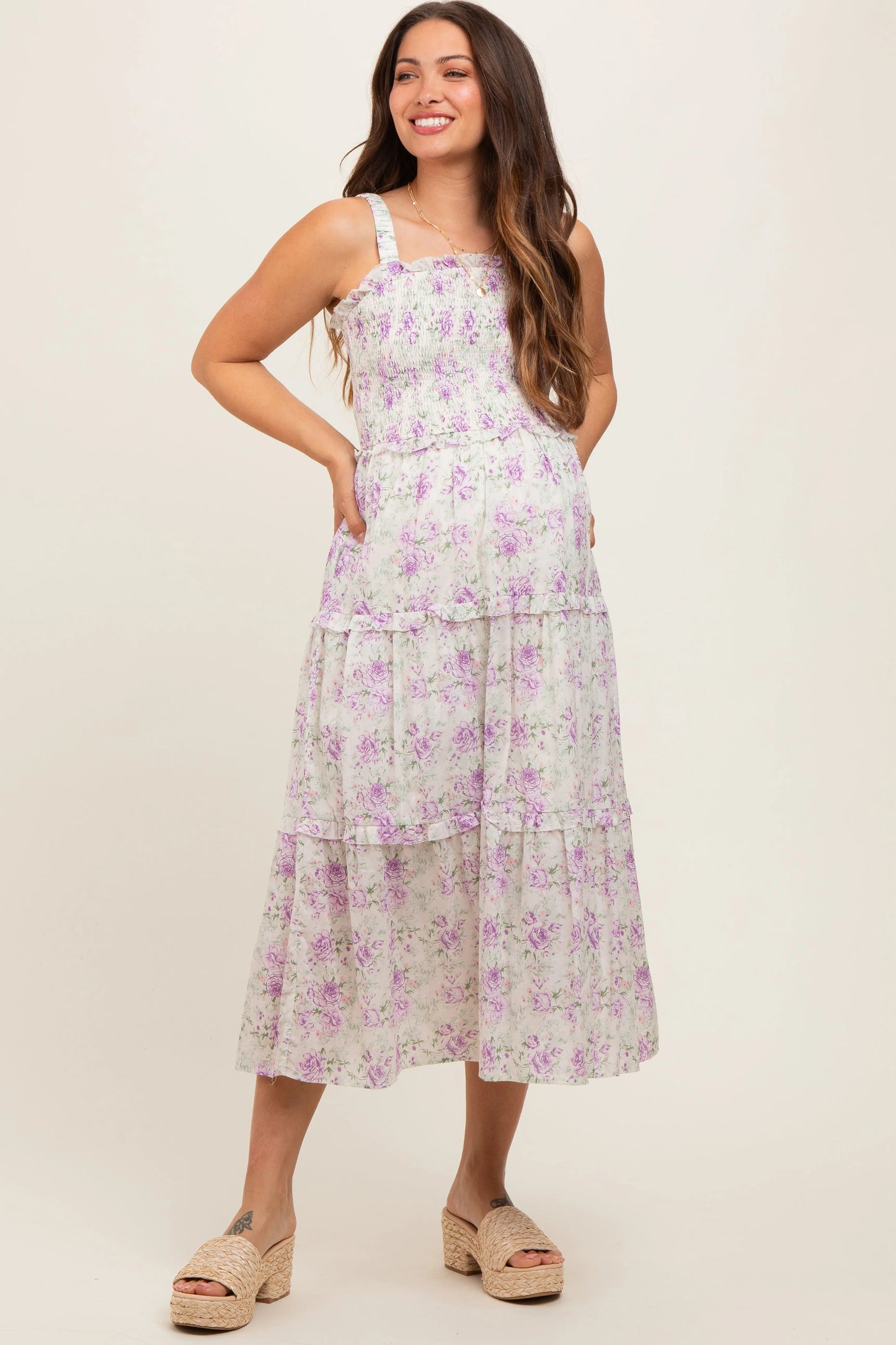 Lavender Floral Smocked Square Neck Ruffle Tiered Maternity Midi Dress PinkBlush