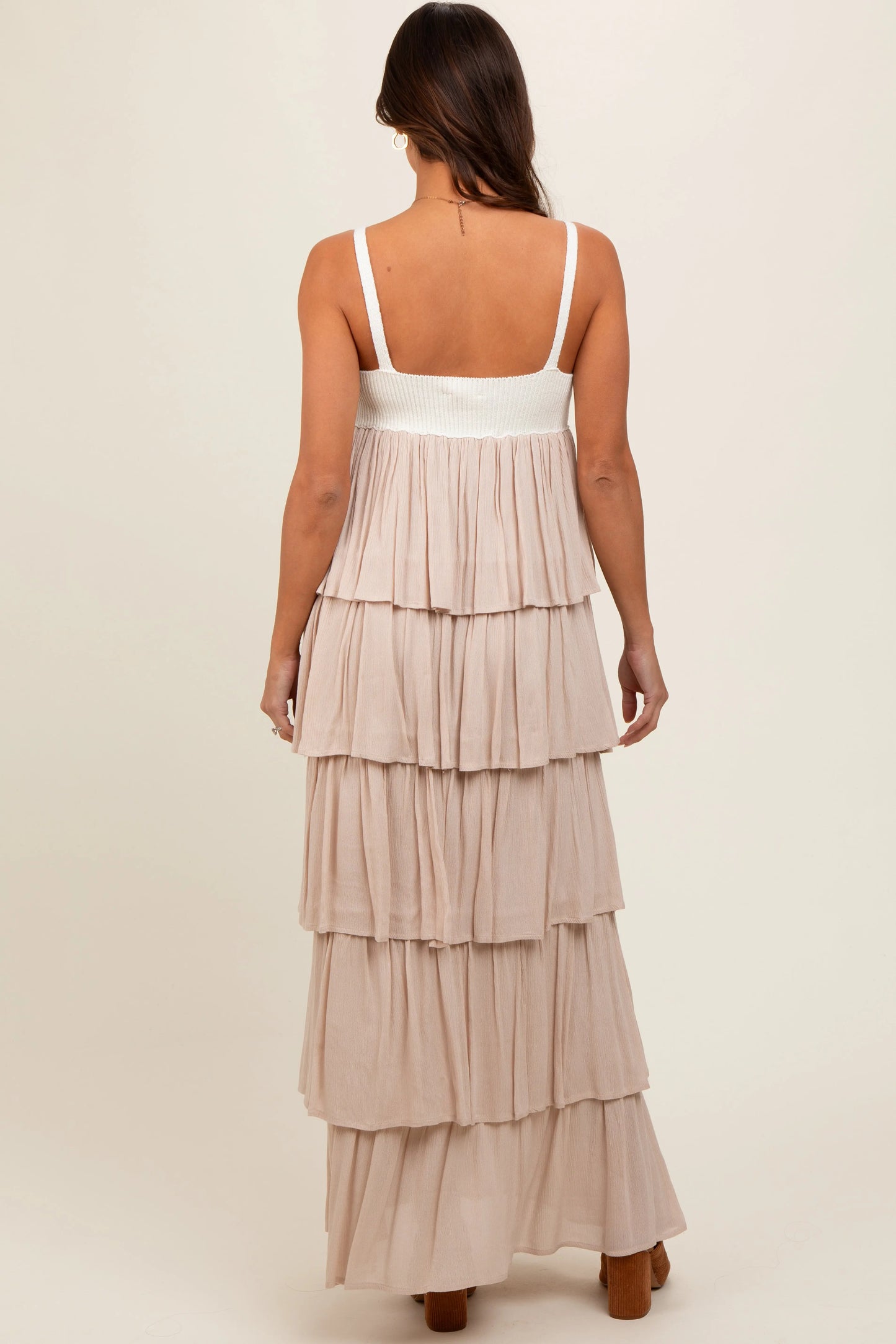 PinkBlush PinkBlush Beige Colorblock Crochet Tiered Maternity Maxi Dress for Expecting Mothers - Apparel & Accessories > Clothing > Maternity Clothing > Maternity Dresses Apparel & Accessories > Clothing > Dresses