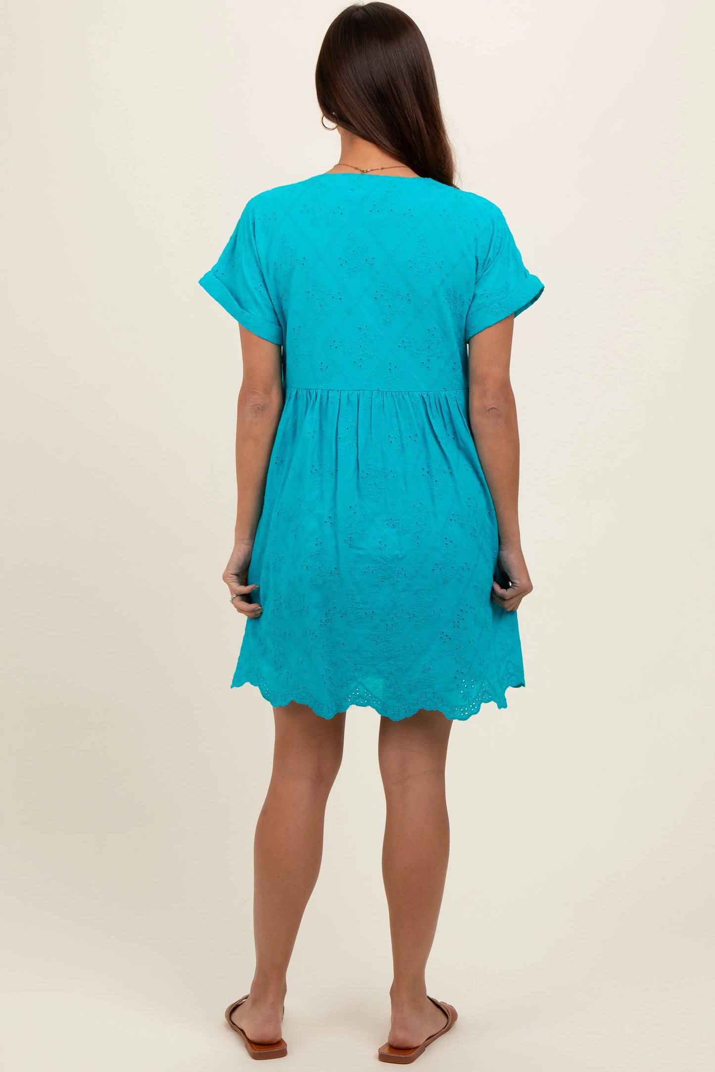 Turquoise Eyelet Button Front Short Sleeve Maternity Dress with Pockets and Double Lining PinkBlush