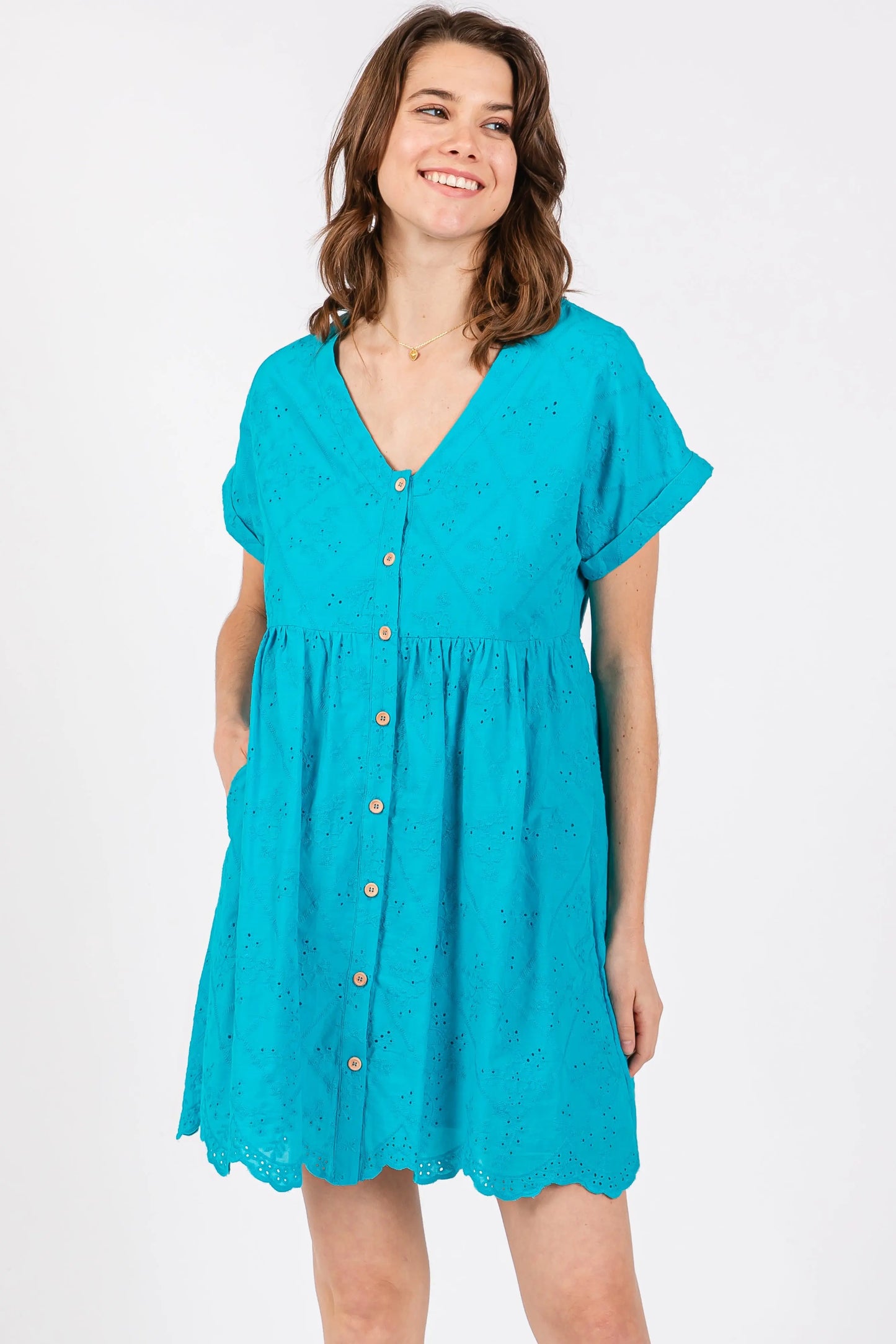 Turquoise Eyelet Button Front Short Sleeve Maternity Dress with Pockets and Double Lining PinkBlush