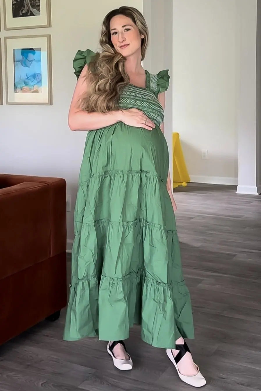 Green Embroidered Smocked Maternity Midi Dress With Tiered Skirt PinkBlush