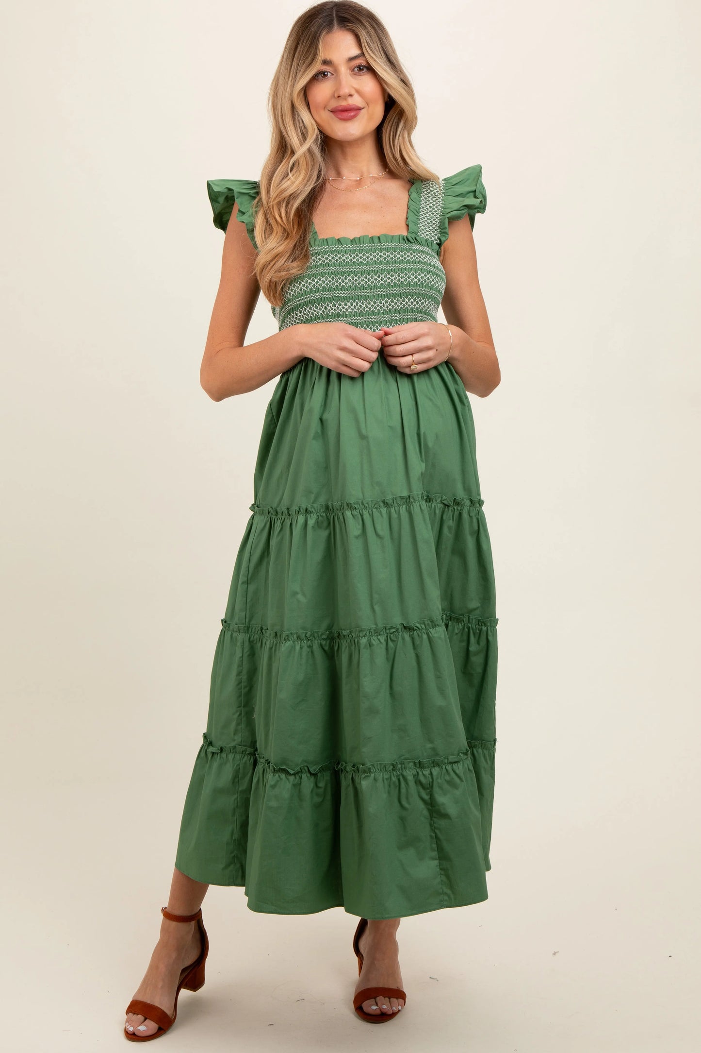 Green Embroidered Smocked Maternity Midi Dress With Tiered Skirt PinkBlush
