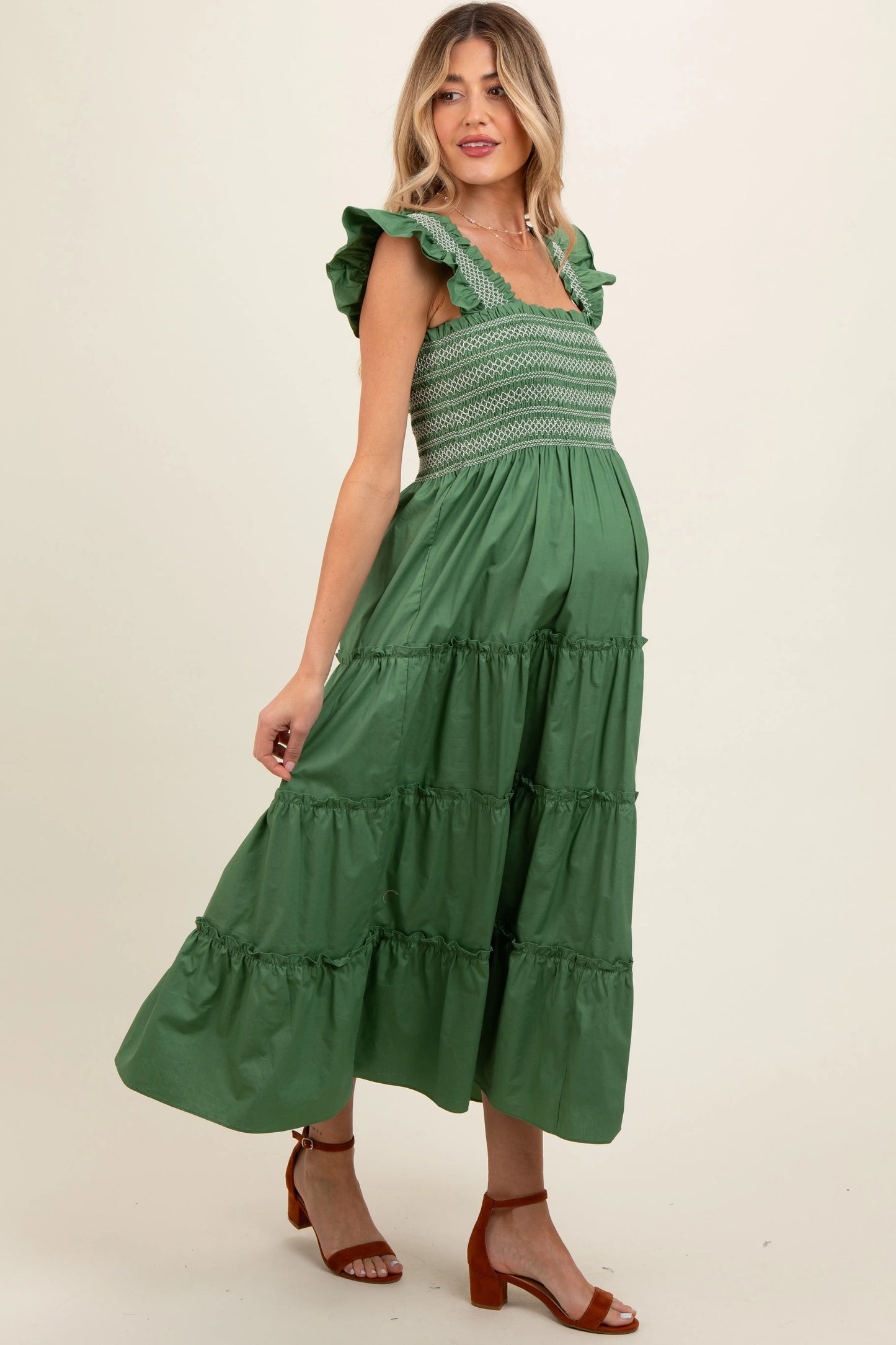 Green Embroidered Smocked Maternity Midi Dress With Tiered Skirt PinkBlush