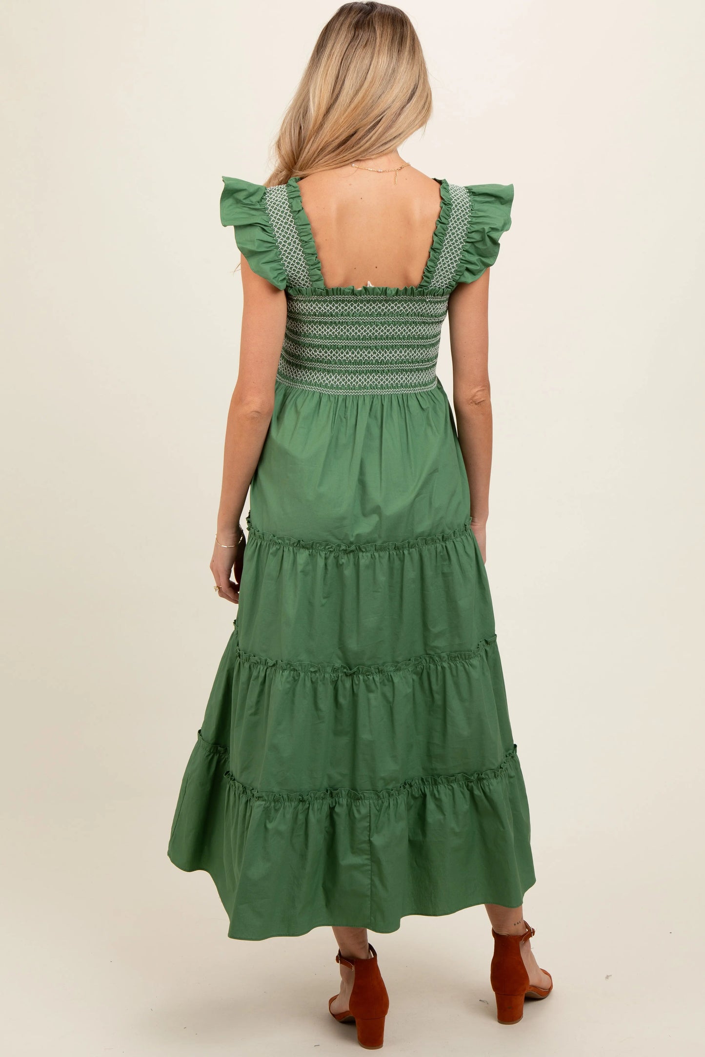 Green Embroidered Smocked Maternity Midi Dress With Tiered Skirt PinkBlush