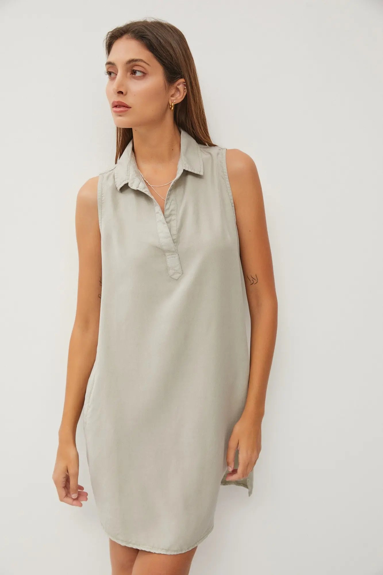 PinkBlush Light Olive V Neck Dress with Collared Design for Stylish Women - Apparel & Accessories > Clothing > Dresses