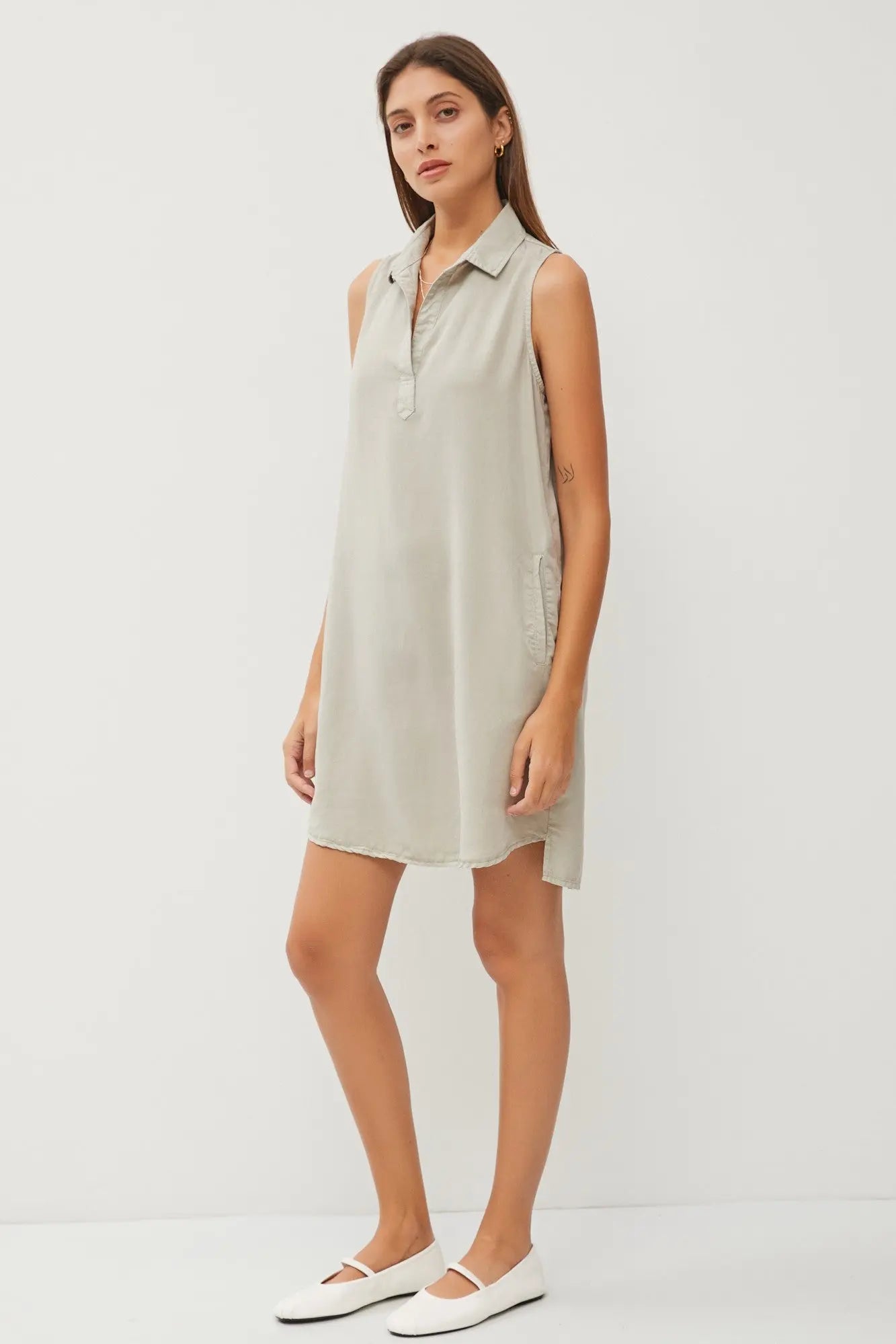 PinkBlush Light Olive V Neck Dress with Collared Design for Stylish Women - Apparel & Accessories > Clothing > Dresses