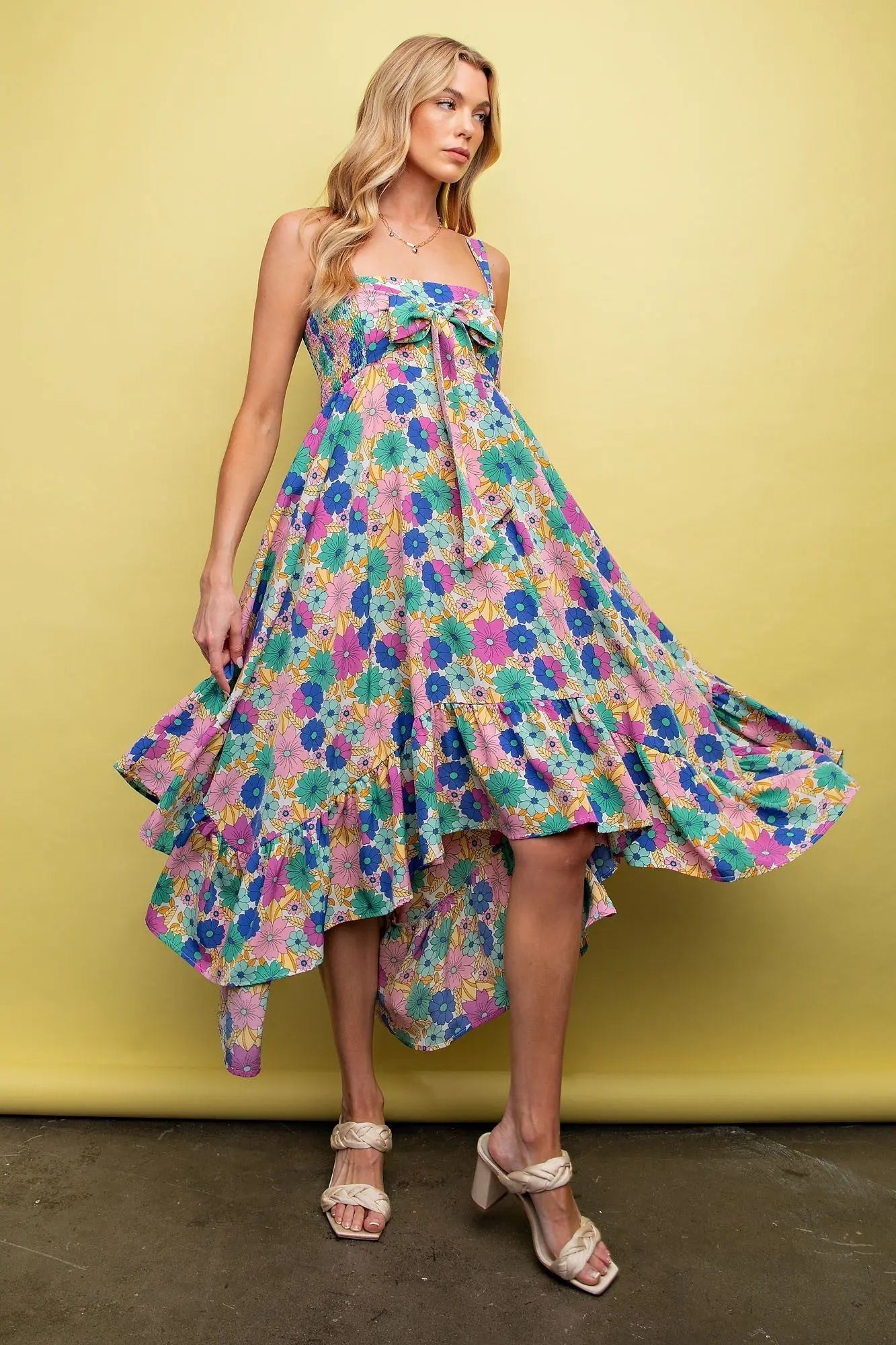 PinkBlush Magenta Floral Midi Dress with Square Neckline for Casual Outings - Apparel & Accessories > Clothing > Dresses