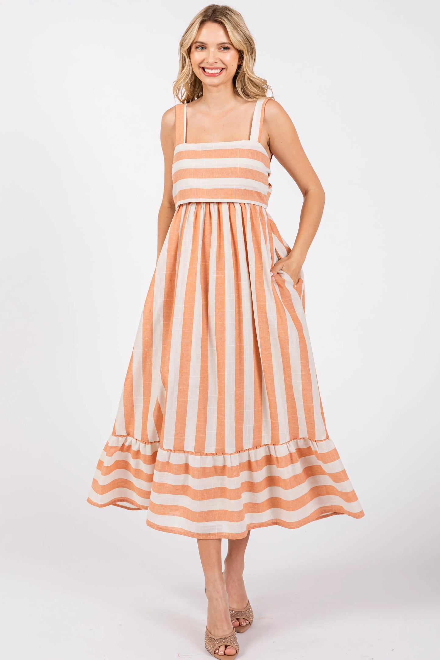 Orange Linen Striped Tie Back Maternity Midi Dress PinkBlush