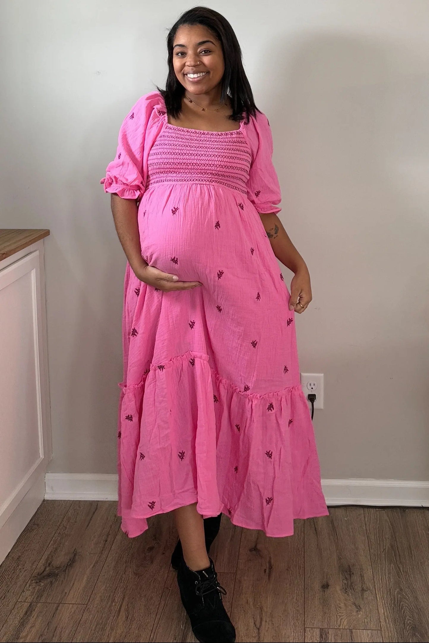 Pink Gauze Smocked Embroidered Square Neck Maternity Midi Dress PinkBlush