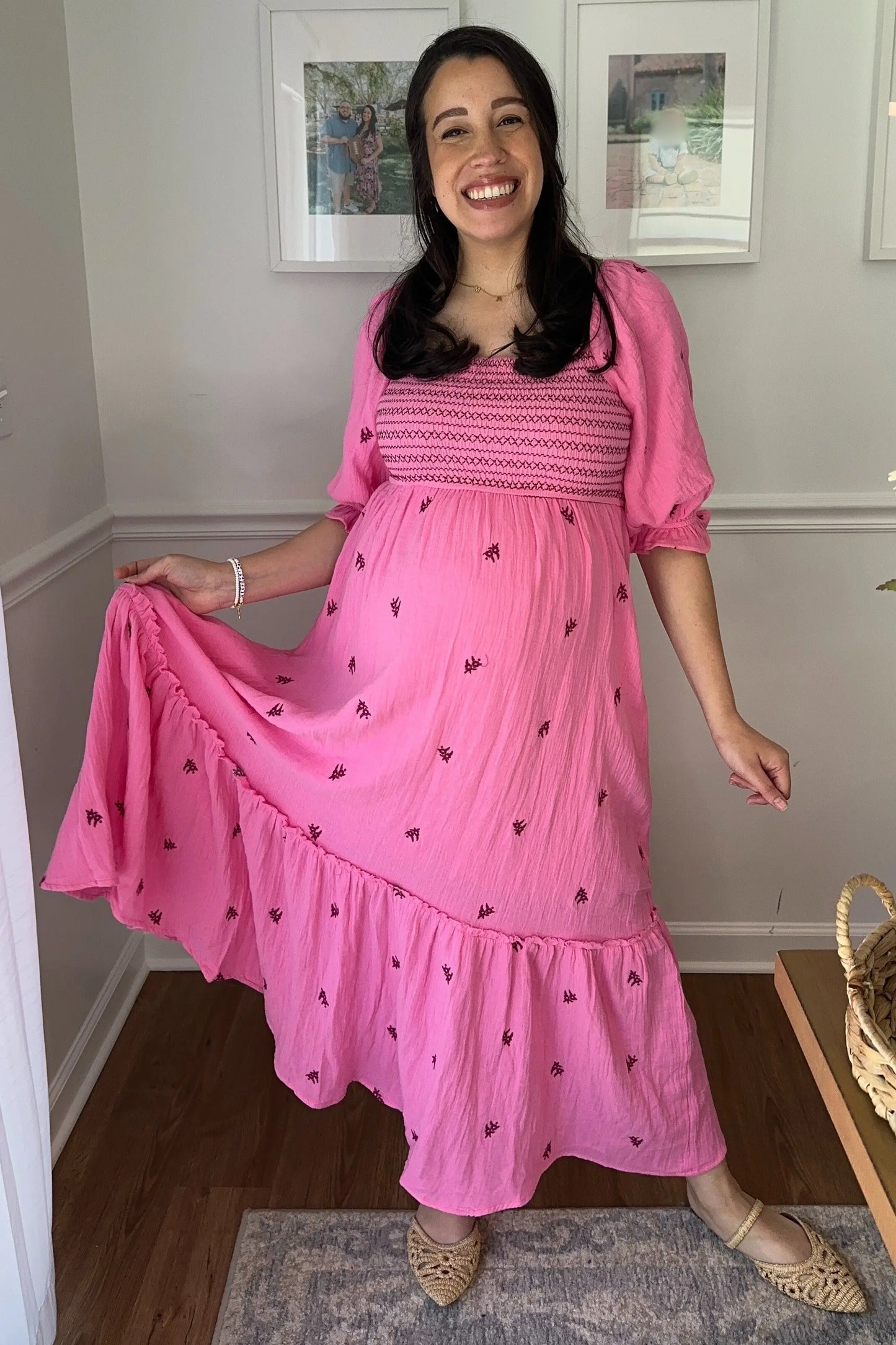 Pink Gauze Smocked Embroidered Square Neck Maternity Midi Dress PinkBlush