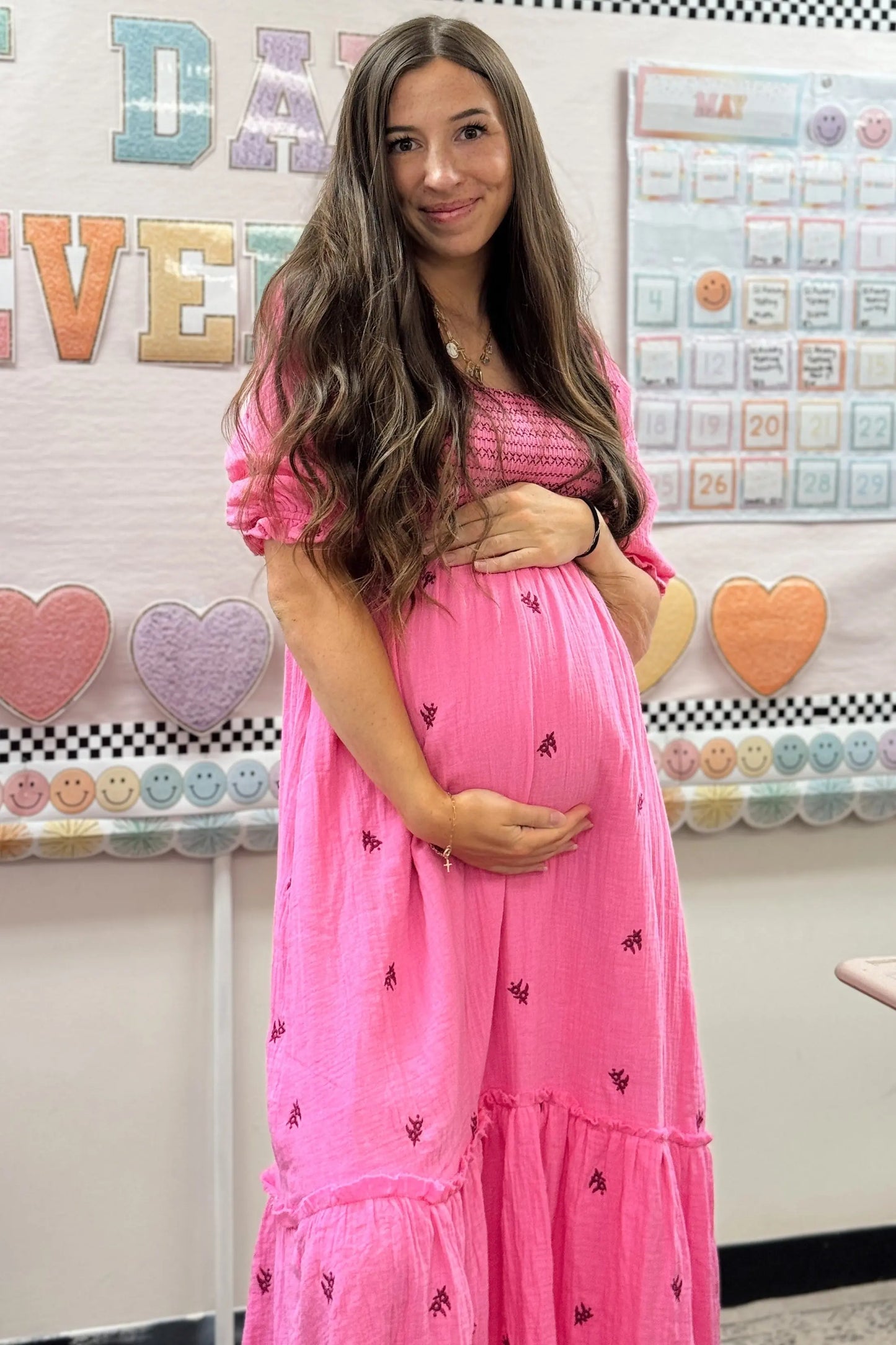 Pink Gauze Smocked Embroidered Square Neck Maternity Midi Dress PinkBlush