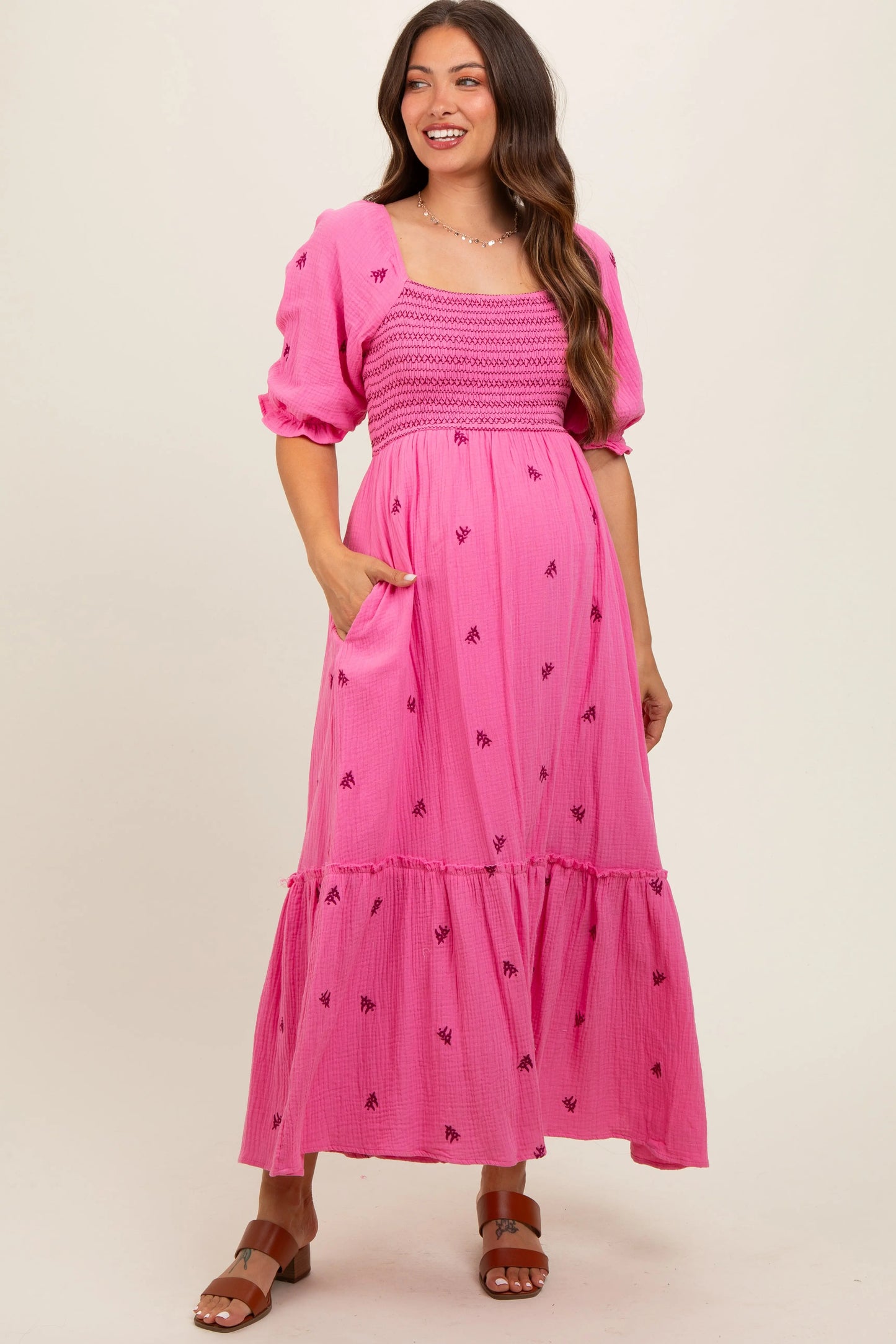 Pink Gauze Smocked Embroidered Square Neck Maternity Midi Dress PinkBlush