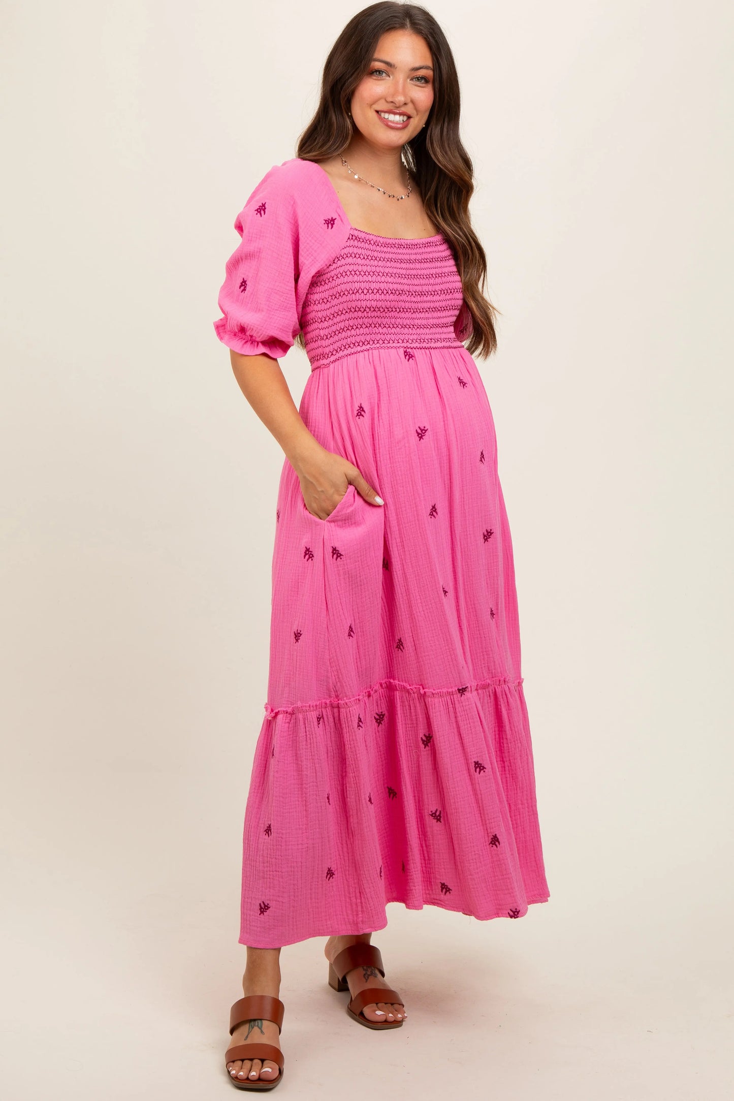 Pink Gauze Smocked Embroidered Square Neck Maternity Midi Dress PinkBlush