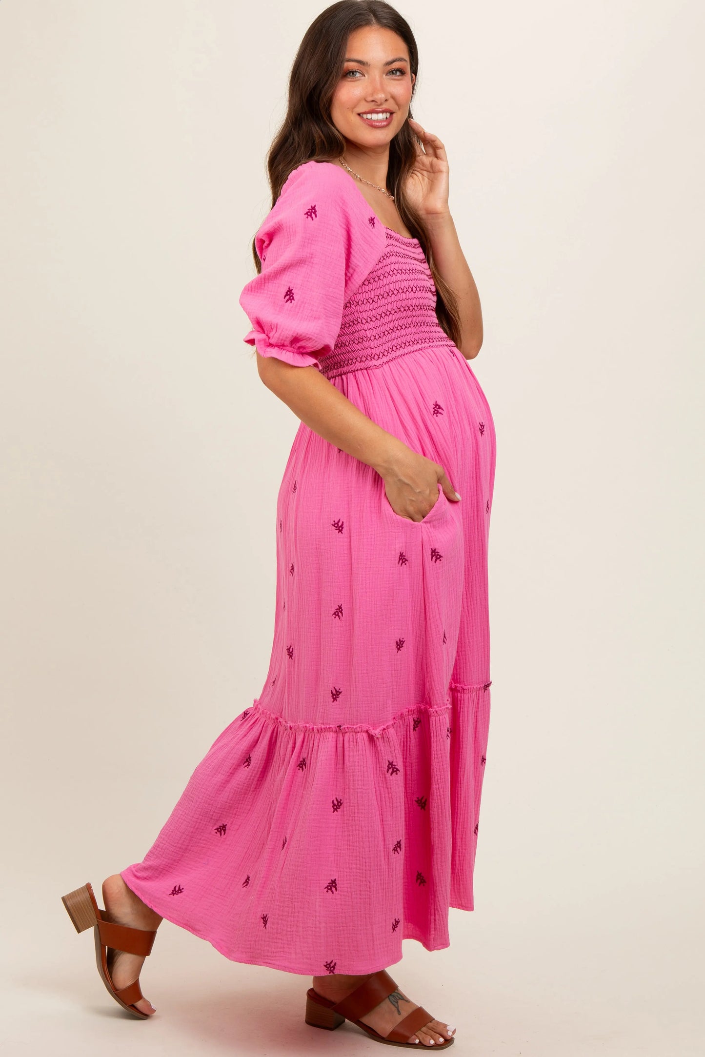 Pink Gauze Smocked Embroidered Square Neck Maternity Midi Dress PinkBlush