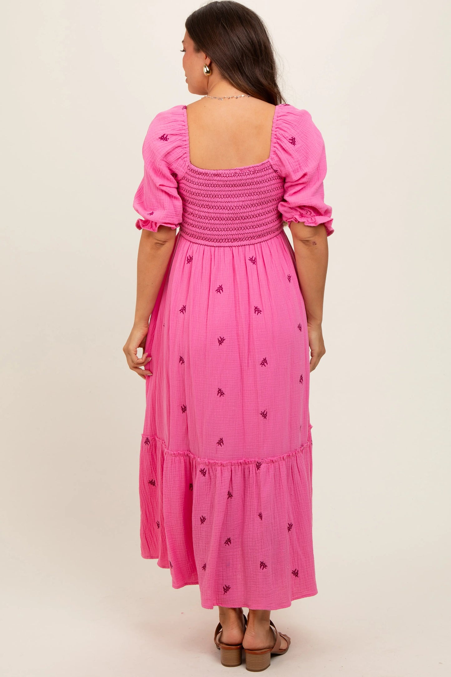Pink Gauze Smocked Embroidered Square Neck Maternity Midi Dress PinkBlush