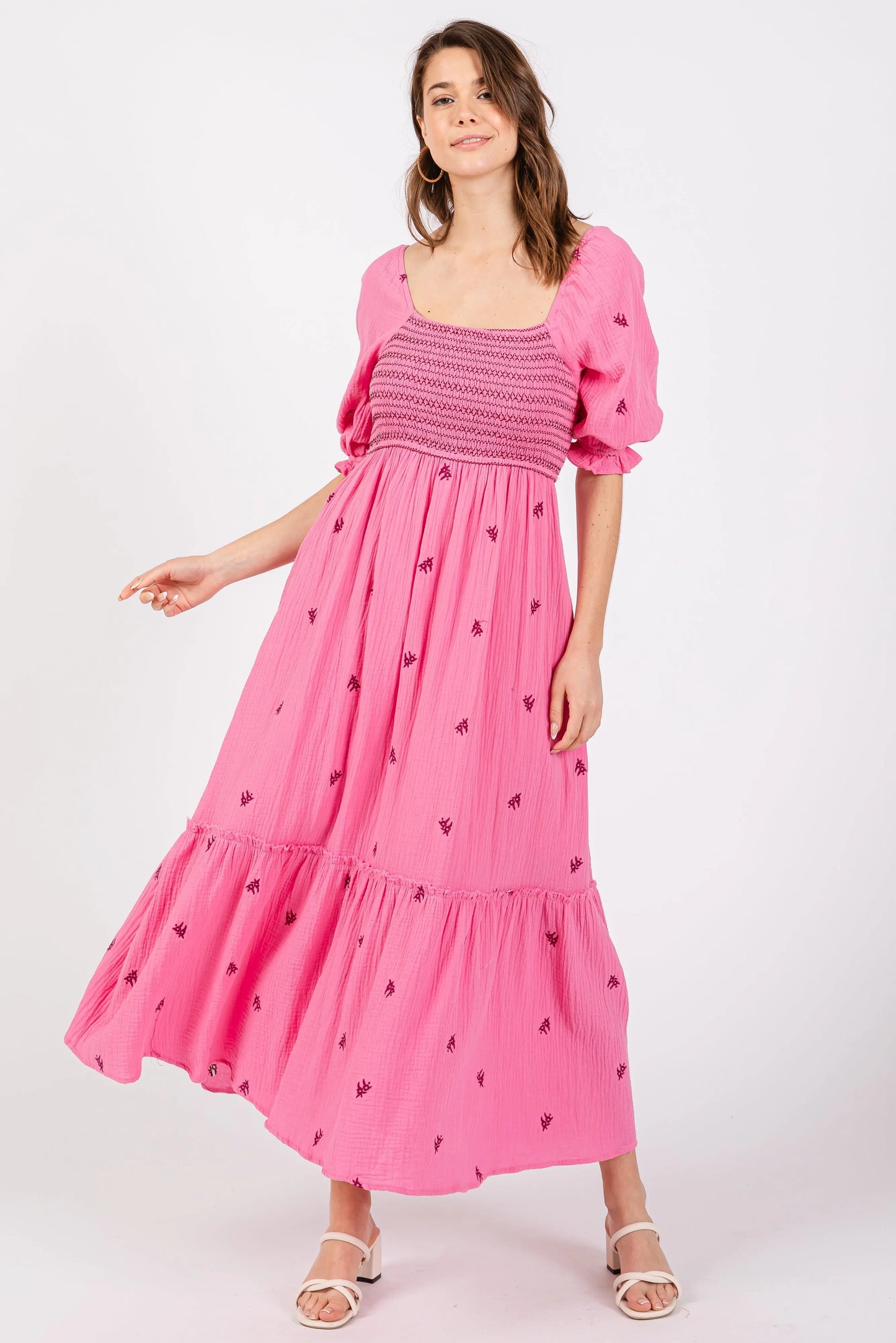 Pink Gauze Smocked Embroidered Square Neck Maternity Midi Dress PinkBlush