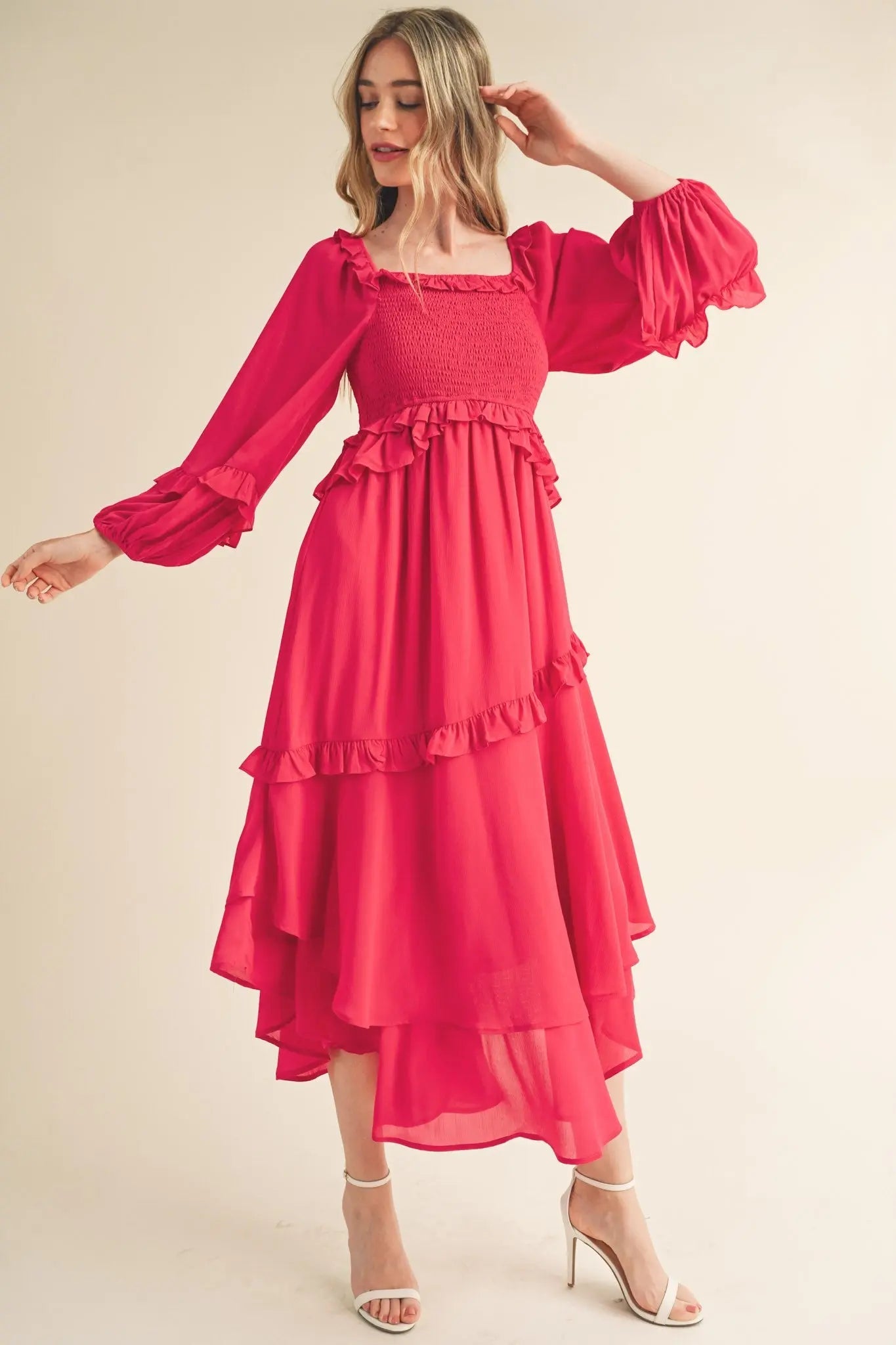 PinkBlush Vibrant Fuchsia Smocked Ruffle Midi Dress for Elegant Women - Apparel & Accessories > Clothing > Dresses
