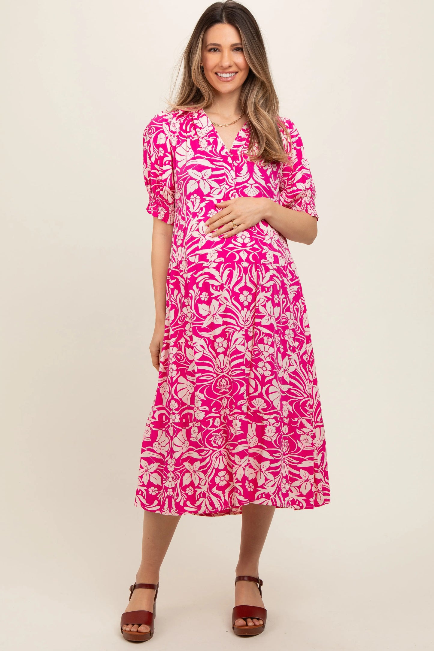 Fuchsia Floral V Neck Tiered Maternity Midi Dress PinkBlush