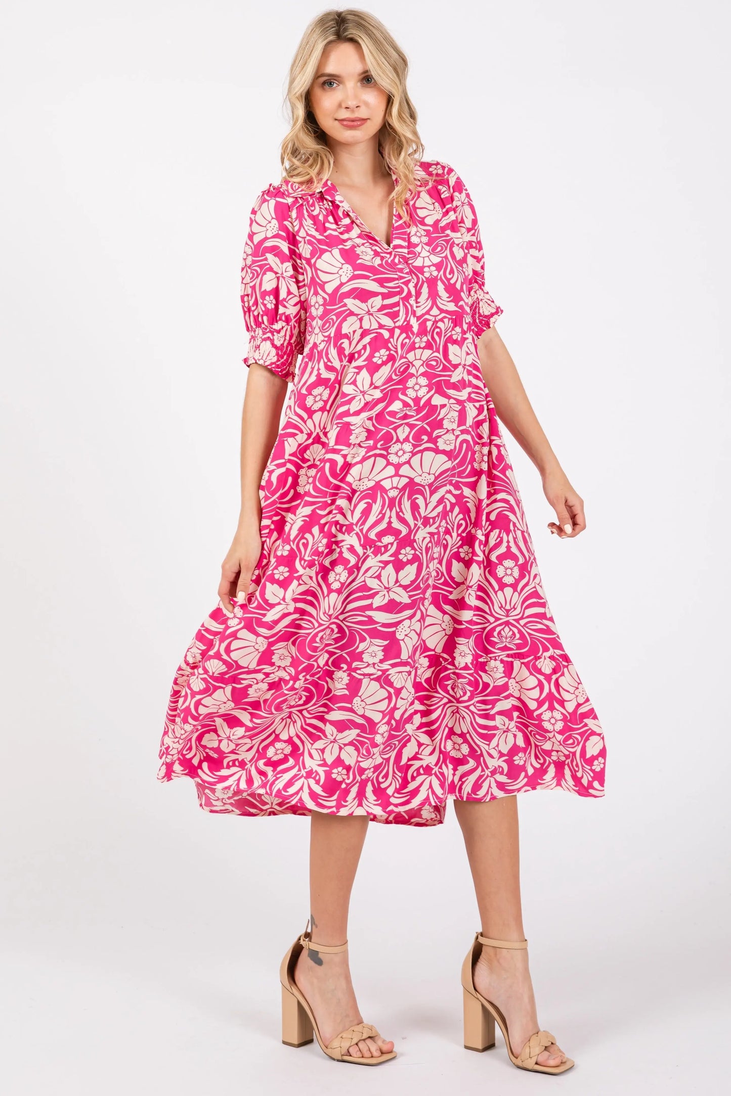 Fuchsia Floral V Neck Tiered Maternity Midi Dress PinkBlush