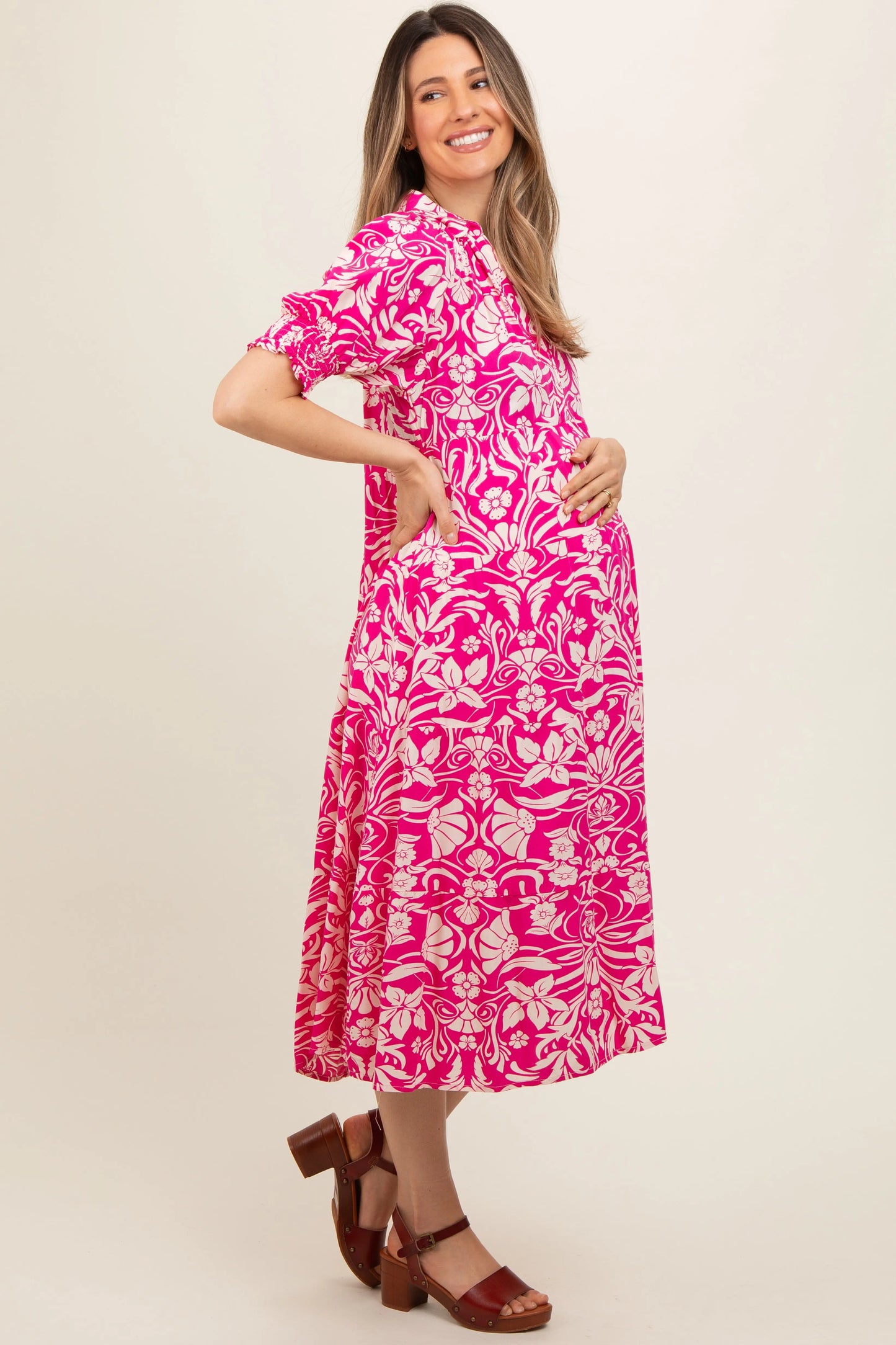 Fuchsia Floral V Neck Tiered Maternity Midi Dress PinkBlush