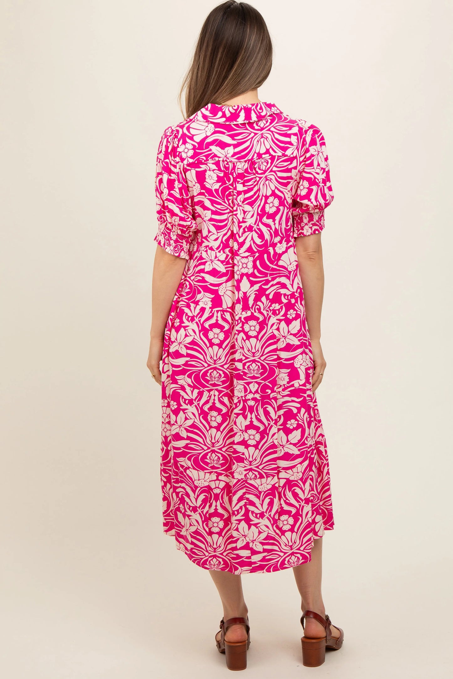 Fuchsia Floral V Neck Tiered Maternity Midi Dress PinkBlush