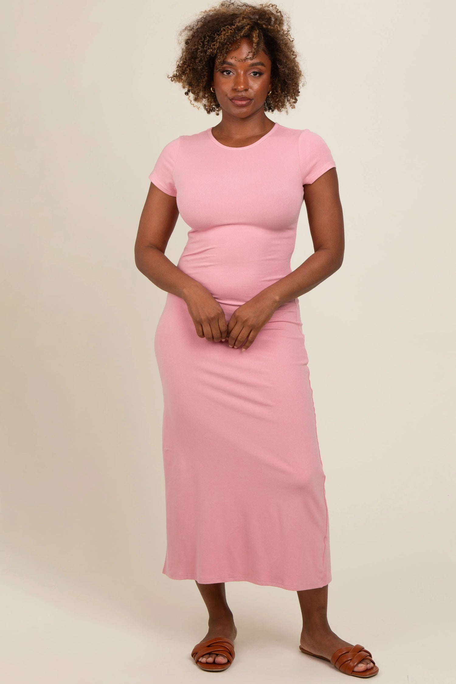 PinkBlush Chic Pink Midi T Shirt Dress with Short Sleeves for Modern Women - Apparel & Accessories > Clothing > Dresses