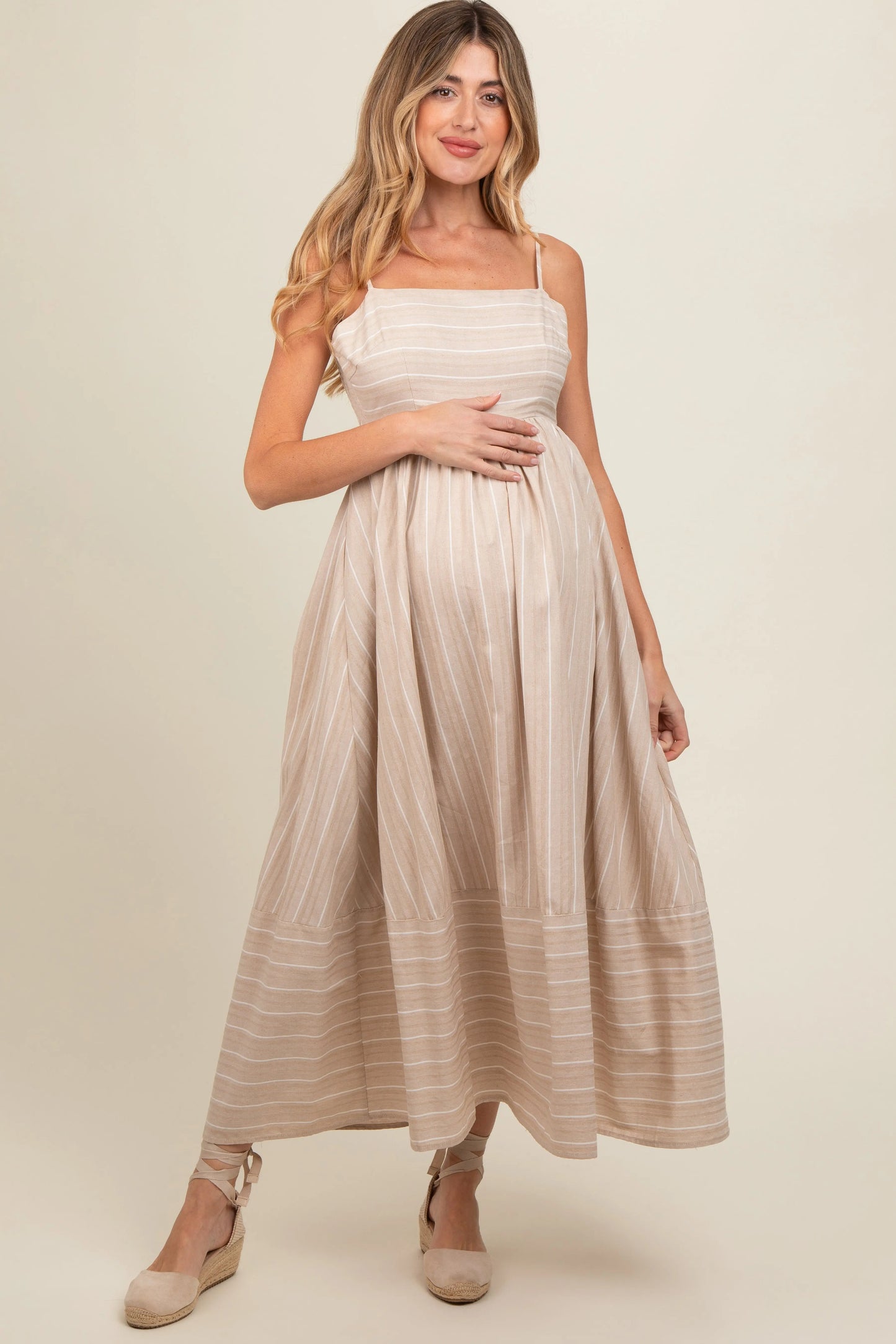 Beige Striped Cutout Back Maternity Maxi Dress PinkBlush