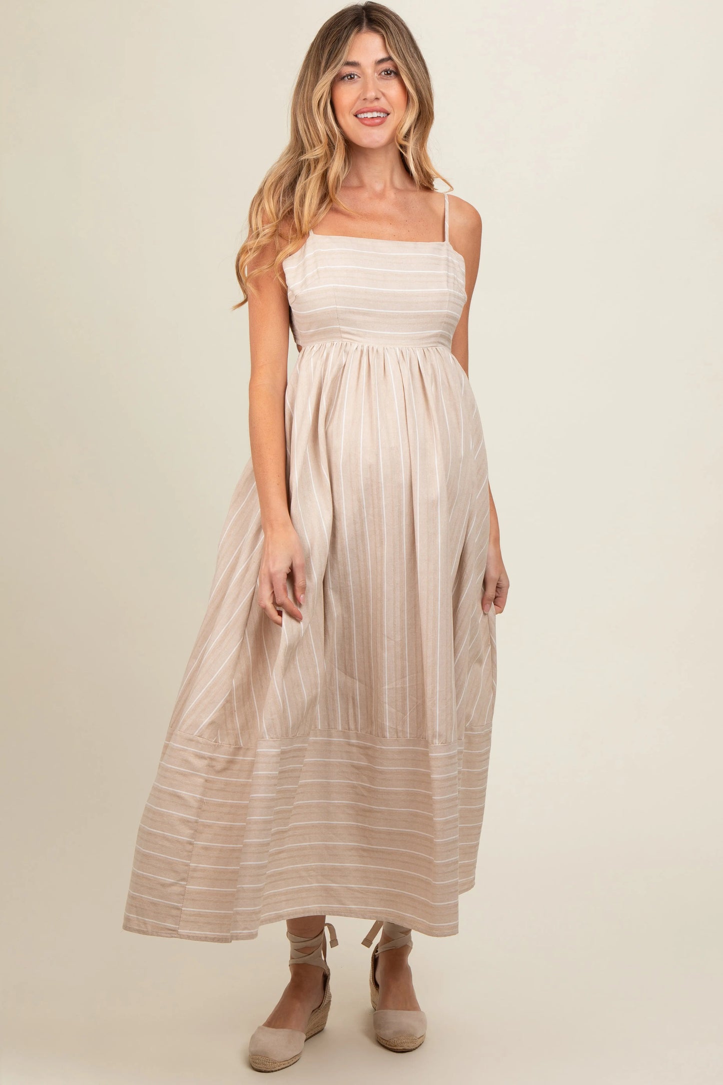 Beige Striped Cutout Back Maternity Maxi Dress PinkBlush