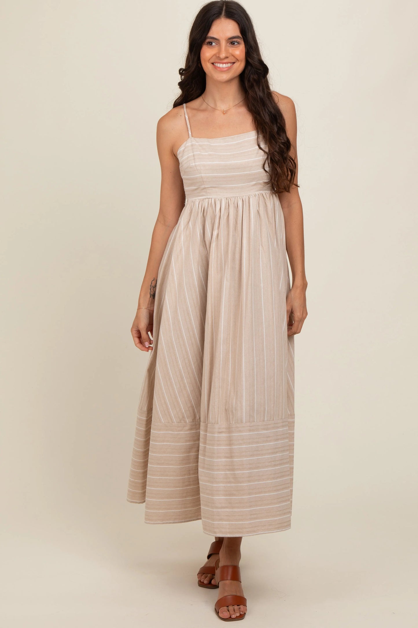 Beige Striped Cutout Back Maternity Maxi Dress PinkBlush