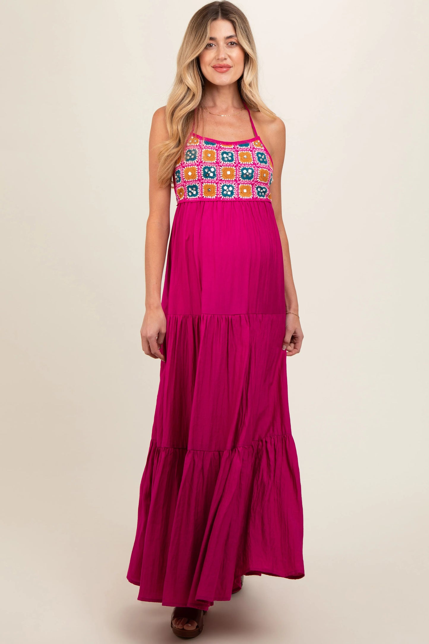 Magenta Crochet Halter Maternity Maxi Dress PinkBlush