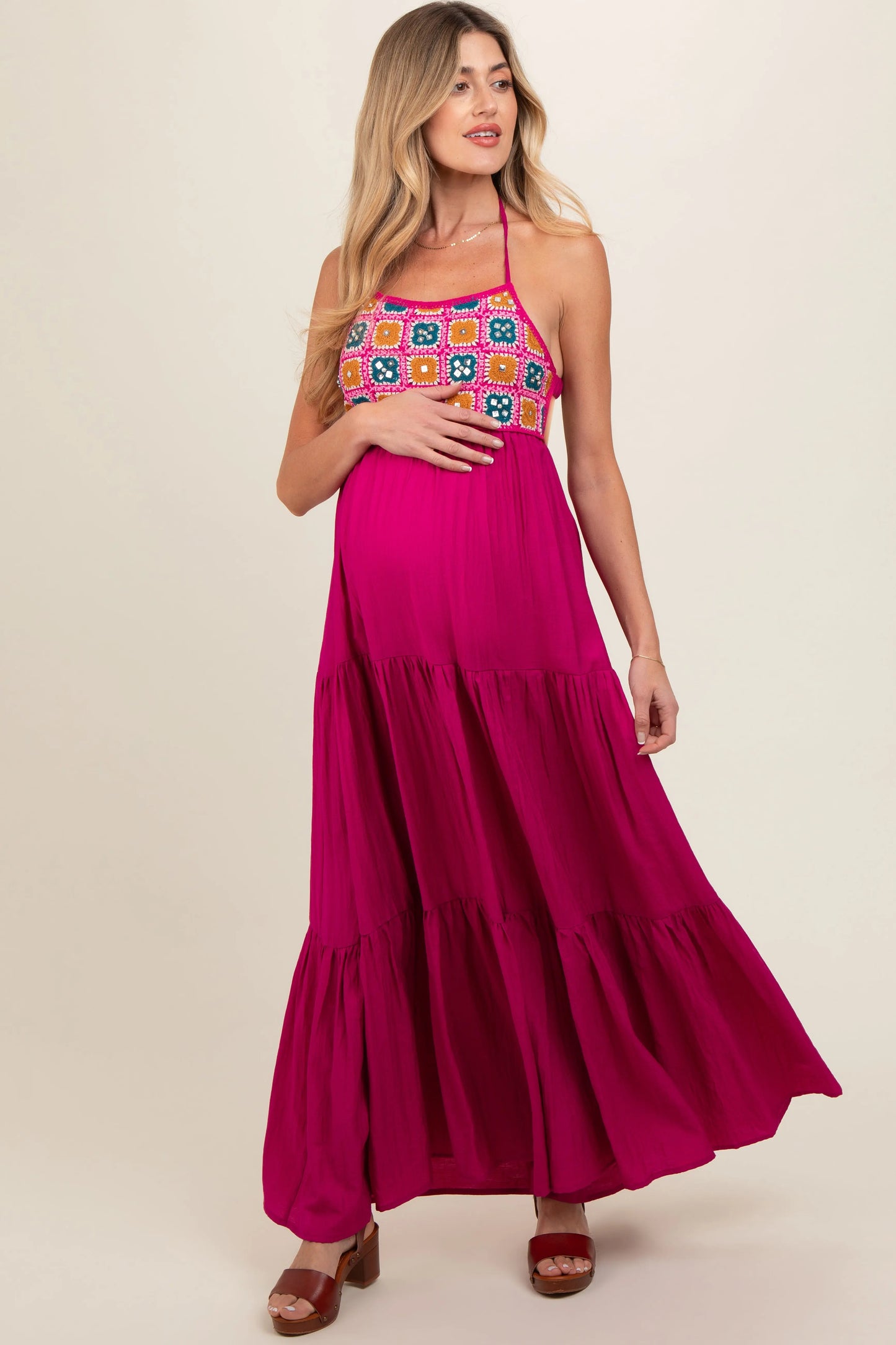 Magenta Crochet Halter Maternity Maxi Dress PinkBlush