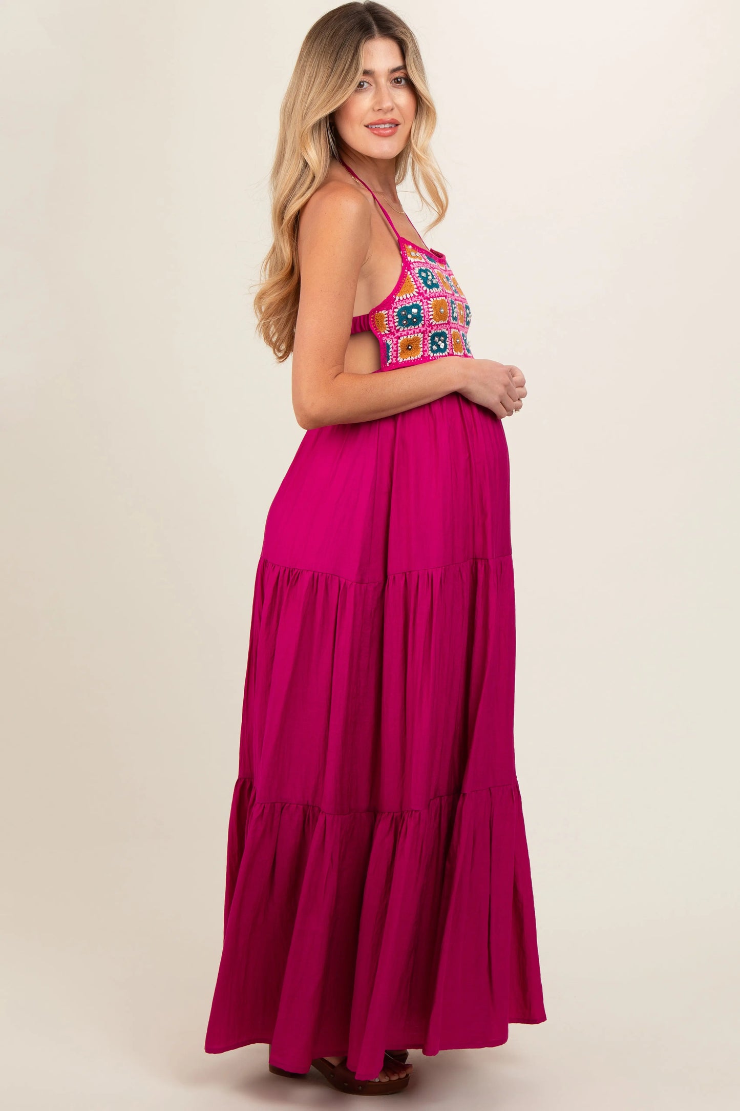Magenta Crochet Halter Maternity Maxi Dress PinkBlush