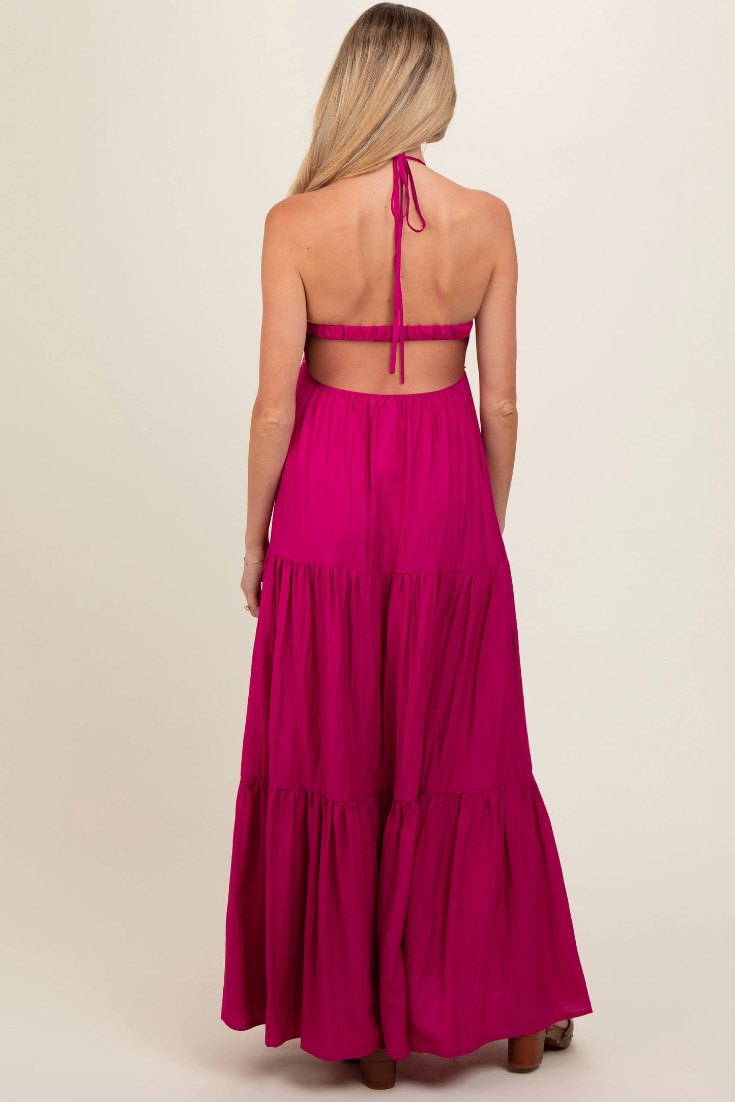Magenta Crochet Halter Maternity Maxi Dress PinkBlush