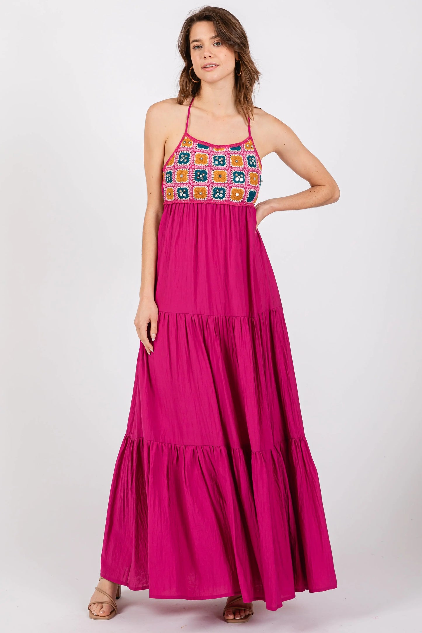 Magenta Crochet Halter Maternity Maxi Dress PinkBlush