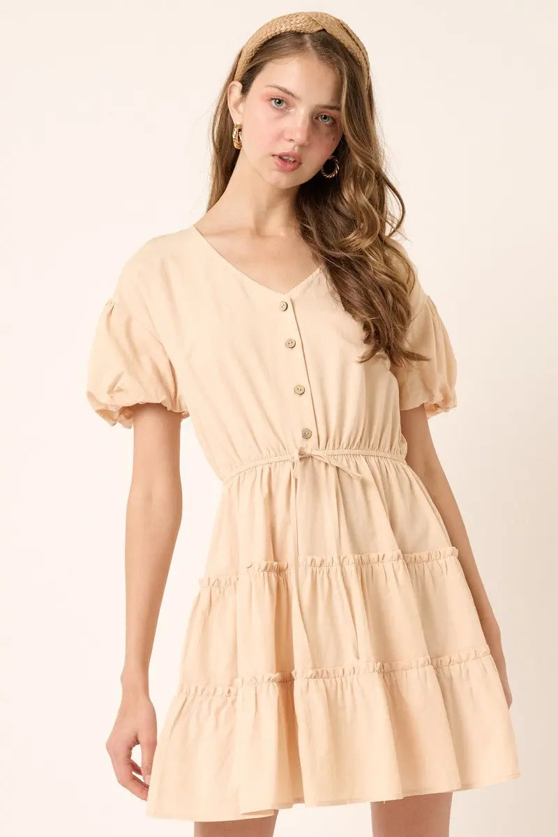 PinkBlush Chic Beige Mini Dress with Puff Sleeves for Stylish Women - Apparel & Accessories > Clothing > Dresses Apparel & Accessories > Clothing > Dresses
