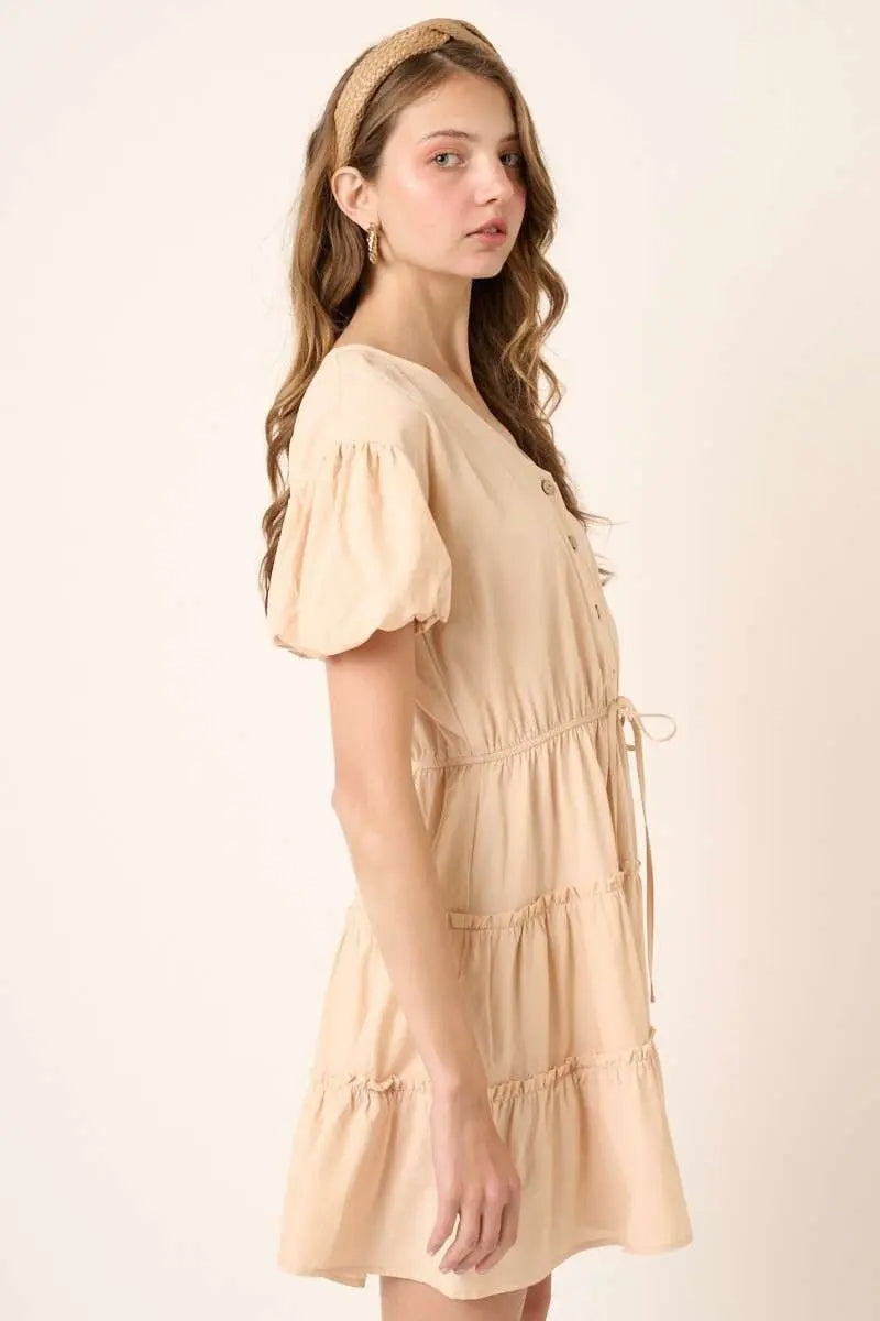 PinkBlush Chic Beige Mini Dress with Puff Sleeves for Stylish Women - Apparel & Accessories > Clothing > Dresses Apparel & Accessories > Clothing > Dresses