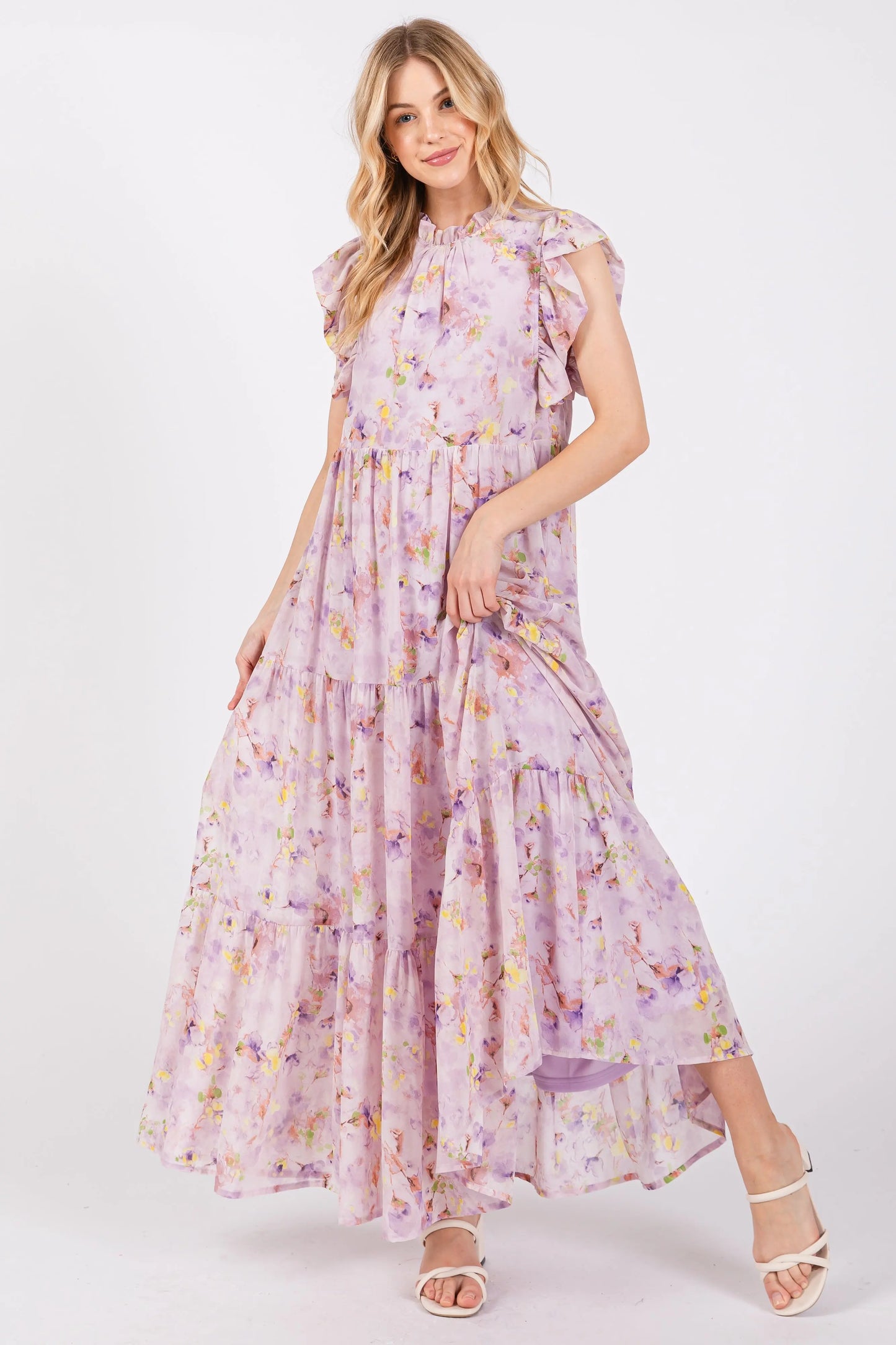 Lavender Floral Chiffon Ruffle Shoulder Tiered Maternity Maxi Dress PinkBlush