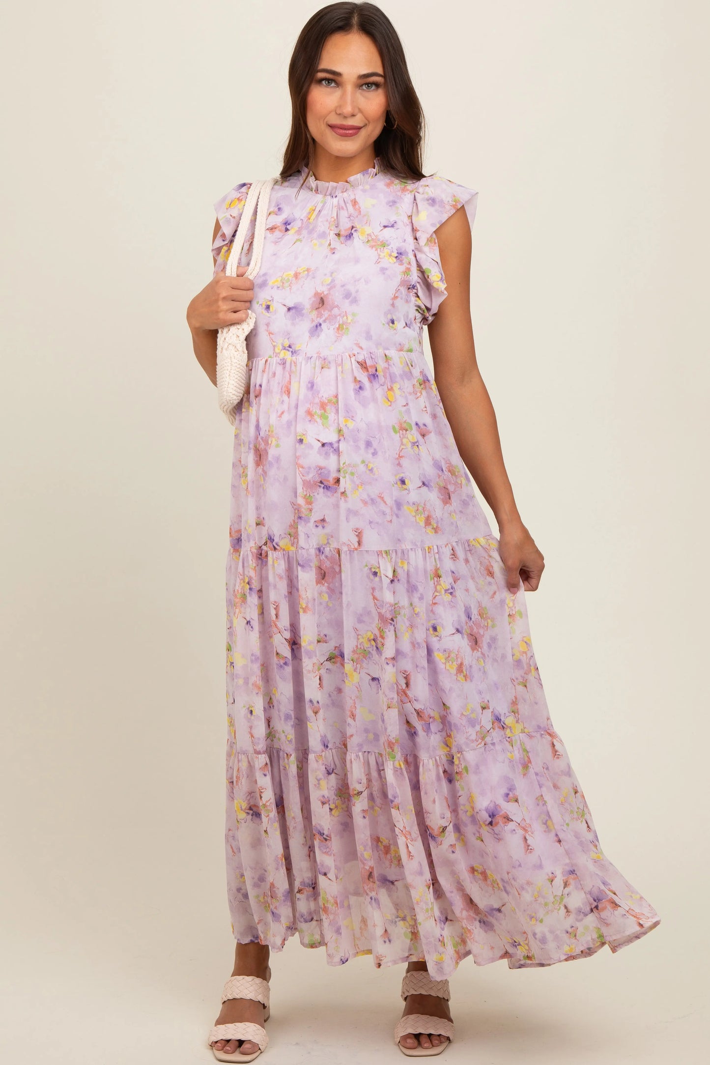 Lavender Floral Chiffon Ruffle Shoulder Tiered Maternity Maxi Dress PinkBlush