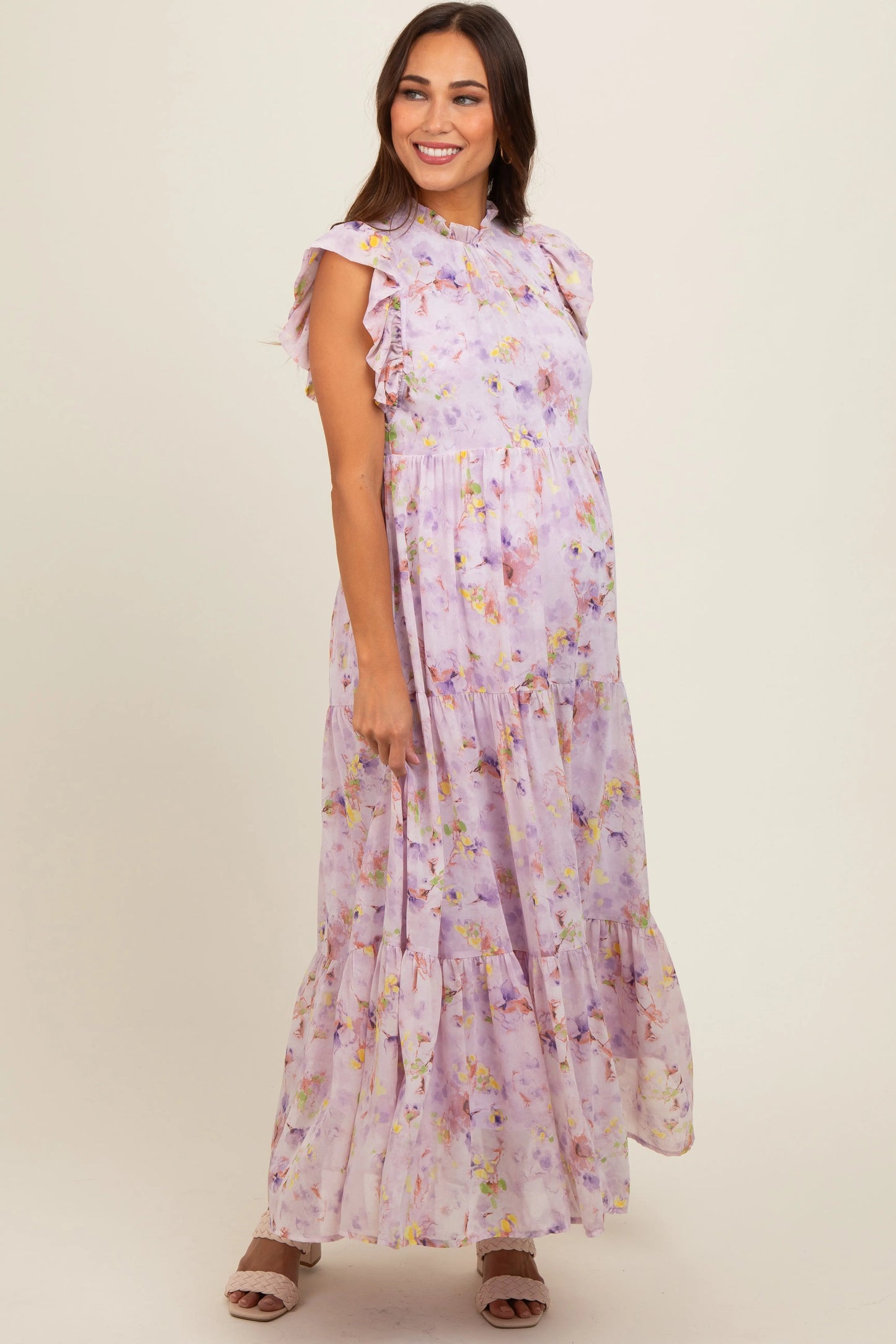 Lavender Floral Chiffon Ruffle Shoulder Tiered Maternity Maxi Dress PinkBlush