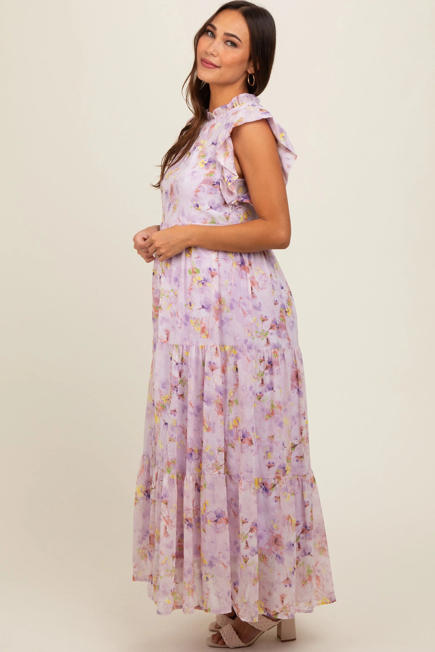 Lavender Floral Chiffon Ruffle Shoulder Tiered Maternity Maxi Dress PinkBlush