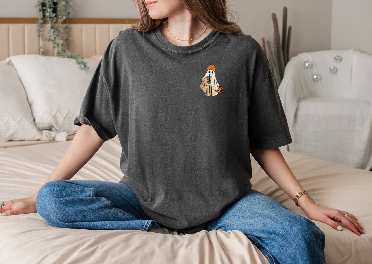Adult Embroidered Iced Coffee Ghost Comfort Colors Tee Little Joy Co. Everetts Place: Online Boutique 36.00