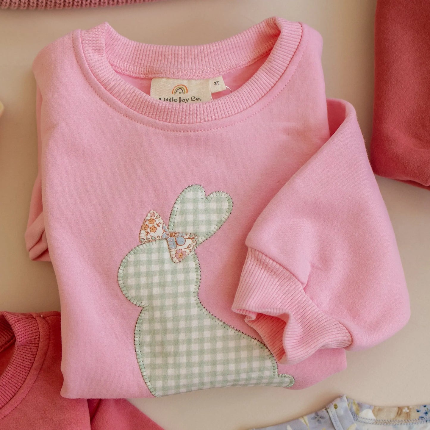 Little Joy Co. Applique Bunny Embroidered Bow Crewneck Sweatshirt - Apparel & Accessories > Clothing > Baby & Toddler Clothing > Baby & Toddler Tops > Sweatshirts